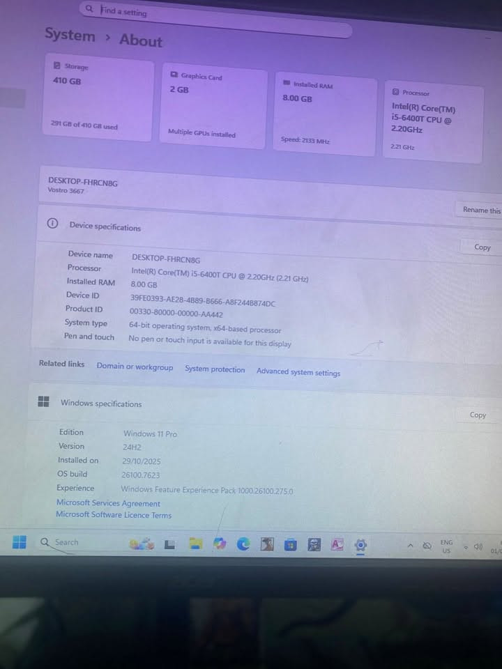- Dell Vostro 3667
بحالة ممتازة
المواصفات:
المعالج: Intel Core i5-6400 (الجيل السادس)
NVIDIA GT 1030 2GB :كرت الشاشة
8GB DDR4 :الرام
التخزين:
*SSD128
*
*
*
*
Windows 11 Pro منصب
acer شاشة •
(مساحة إضافية) 410
• كيبورد R8
يشغل ألعاب مثل:
* Football
I * GTA V
* Valorant
* CS2
* League of Legends
الجهاز نظيف، جاهز للاستخدام، ويعمل بدون أي
مشاكل.
السعر: 300وبيها مجال
مكاني :بغداد الدورة
رقمي:***********
