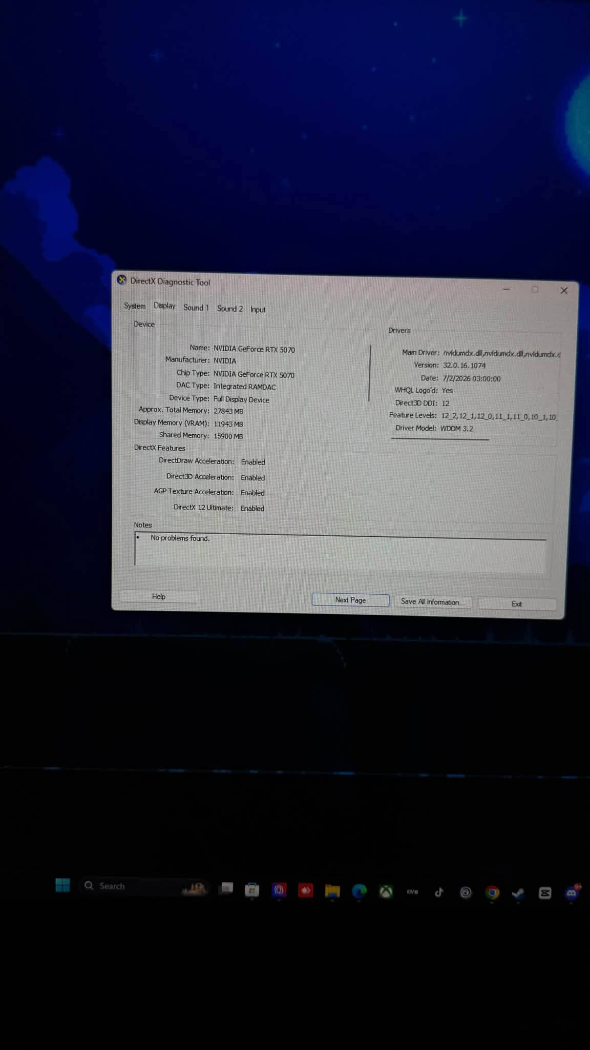 السلام عليكم pc gaming للبيع مستعجل
المواصفات 

‏Palit 5070 12gb oc white 
‏Amd 9600x box 
‏ Msi b840-p wifi
‏Ssd 1TB lexar 6500 gen4
‏Ram t-force ddr5 16*2 6000 white
‏Thermalright 750w gold pcie 5 full moduler white
‏Cooler thermalright frozen warframe 360mm (lcd) 
                Case xigmatek AQUA V AIR ARCTIC 7fan 
                               Snowman ARGB 
Extension Cable 
مع شاشة msi mag 275QF
يوبي اس فاربر 1kv 
سماعات hyper x cluod II
ماوس logitech g102 gaming
ماوس ثاني لاسلكي /سلكي لون ابيض AJAZZ AJ179 pro
جويستك اكس بوكس اصليه
كيبور attack shark x98pro ميكانيكي
جميع القطع متوفره الكراتين مالتها 

ملاحظه البيسي باللون الابيض يعني كل قطعها لون ابيض مميز 
السعر المطلوب للكيس فقط مليونين و550 وبيها مجال بسيط
واذا ويه الشاشه وباقي الملحقات يختلف السعر 
للتواصل *********** متواجد واتس اب او اتصال او مراسله
العنوان الرمادي

نص مكتوب في الصور:
- DirectX Diagnostic Tool
- System Display Sound 1 Sound 2 Input
- Device
- Drivers
- Name: NVIDIA GeForce RTX 5070
- Manufacturer: NVIDIA
- Chip Type: NVIDIA GeForce RTX 5070
- DAC Type: Integrated RAMDAC
- Device Type: Full Display Device
- Approx. Total Memory: 27843 MB
- Display Memory (VRAM): 11943 MB
- Shared Memory: 15900 MB
- DirectX Features
- DirectDraw Acceleration: Enabled
- Direct3D Acceleration: Enabled
- AGP Texture Acceleration: Enabled
- DirectX 12 Ultimate: Enabled
- Notes
- No problems found.
- Main Driver: nvldumdx.dll,nvldumdx.dll,nvldumdx.d
- Version: 32.0.16.1074
- Date: 7/2/2026 03:00:00
- WHQL Logo'd: Yes
- Direct3D DDI: 12
- Feature Levels: 12_2,12_1,12_0,11_1,11_0,10_1,10
- Driver Model: WDDM 3.2
- Help
- Next Page
- Save All Information...
- Exit
- DirectX Diagnostic Tool System Display Sound 1 Sound 2 Input This tool reports detailed information about the DirectX components and drivers installed on your system. If you know what area is causing the problem, click the appropriate tab above. Otherwise, you can use the "Next Page" button below to visit each page in sequence. System Information Current Date/Time: Monday, September 21, 2026, 11:02:30 م Computer Name: MOHAMMED Operating System: Windows 11 Pro 64-bit (10.0, Build 26200) Language: العربية (Regional Setting: العربية) System Manufacturer: Micro-Star International Co., Ltd. System Model: MS-7E57 BIOS: 1.A50 Processor: AMD Ryzen 5 9600X 6-Core Processor (12 CPUs), ~3.9GHz Memory: 32768MB RAM Page file: 18132MB used, 16996MB available DirectX Version: DirectX 12 Check for WHQL digital signatures DxDiag 10.00.26100.9278 64-bit Unicode Copyright © Microsoft. All rights reserved. Help Next Page Save All Information... Exit Search