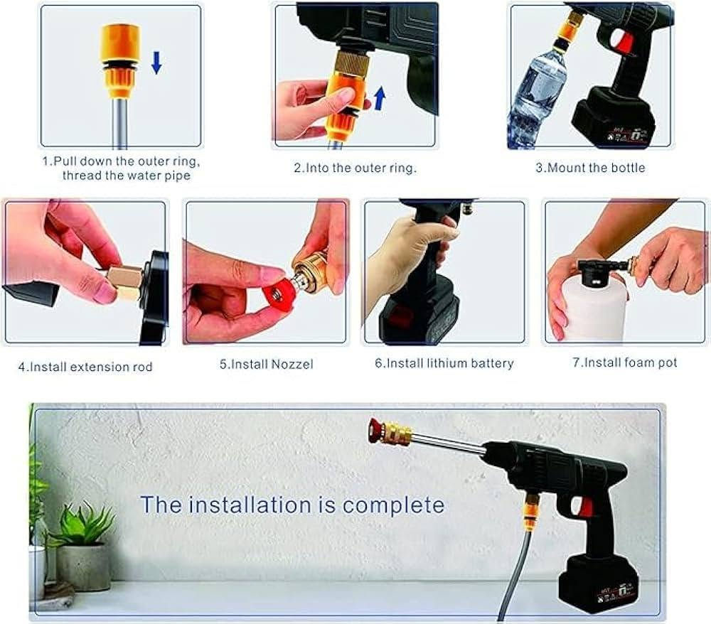 فارة شحن محمول بطارية وحدة
للتواصل واتساب ***********
أو خاص

نص مكتوب في الصور:
- Package Included 40Cm 21.5cm Stainless steel extension rod Water inlet filter 40° water outlet 0° water outlet Battery inlet pipe Foam pot Water connection UL charger
- Six-in-one nozzle
- Connecting water pipe
- Foam Fot
- 1.Pull down the outer ring, thread the water pipe 2.Into the outer ring. 3.Mount the bottle 4.Install extension rod 5.Install Nozzel 6.Install lithium battery 7.Install foam pot The installation is complete