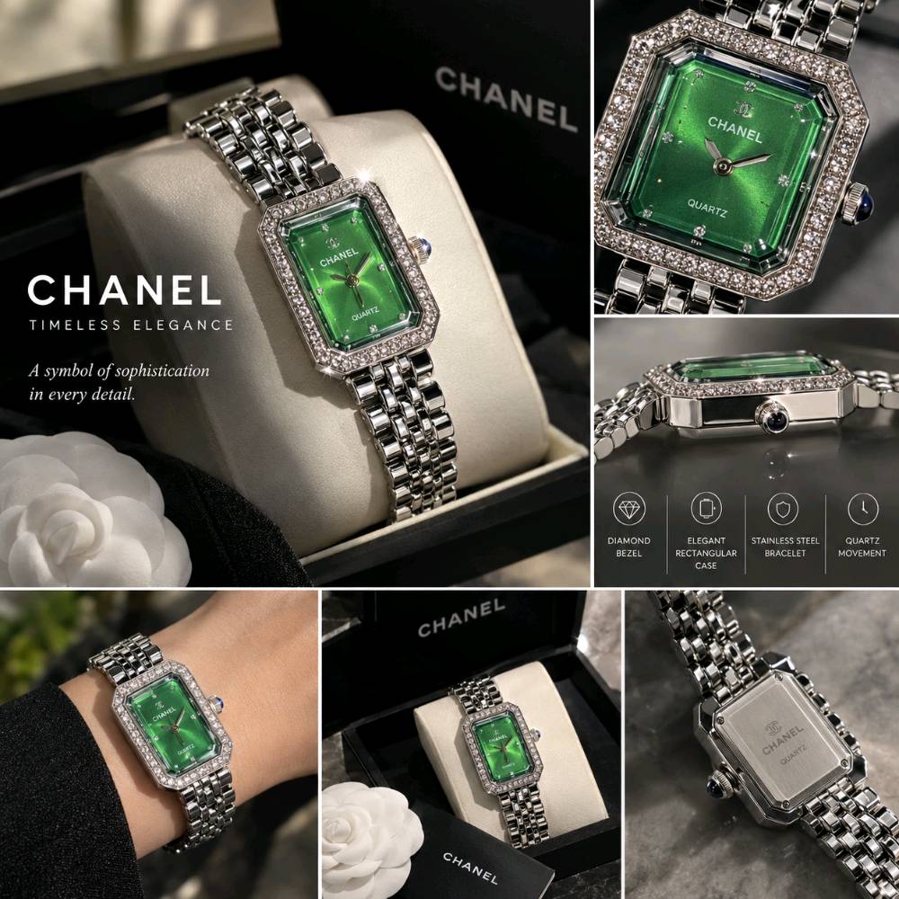 ✨ ساعة CHANEL نسائية فاخرة، بتصميم راقٍ وتفاصيل أنيقة تخطف الأنظار. يتميز وجه الساعة بلونها الأخضر الزمردي الساحر والغني، لون فاخر ونادر يضفي عليها لمسة من الفخامة والتميز، مع لمعان جميل يتغير مع انعكاس الضوء. 💚💎 قطعة أنيقة وملفتة لعاشقات الذوق الراقي والفخامة.
*ملاحظة التوصيل مجاني*
الساعة غير مستخدمة جديدة مع العلبة
قياس XL