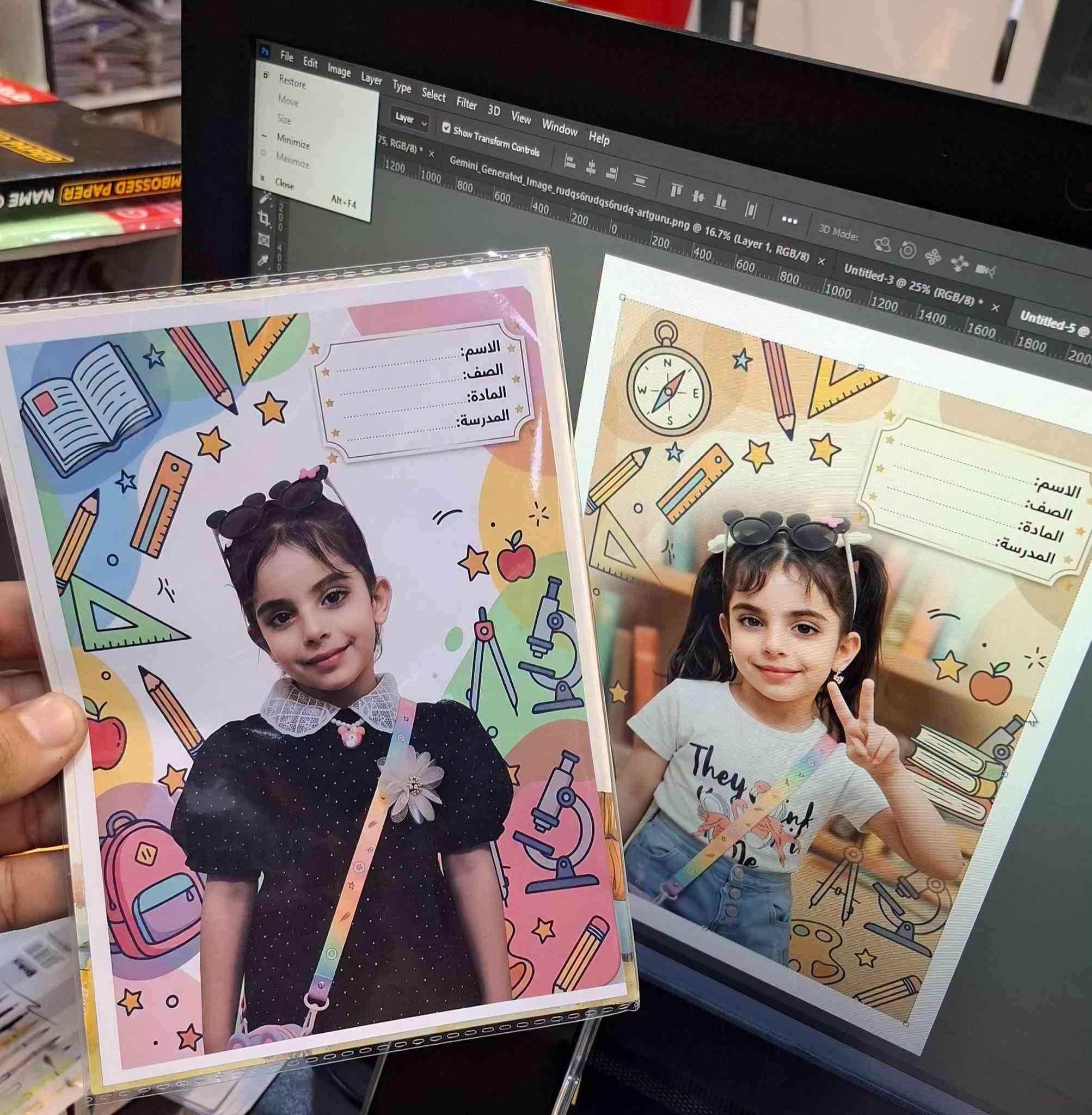 ميز طفلك وية مكتبة الرياضي 
تجهيز اطفالكم لاتحتارون خليه علينا واحنا نميز طلابكم بادق التفاصيل طبع لواصق الاسماء وصور الدفاتر بأسعار مناسبة 
للاستفسار ***********

نص مكتوب في الصور:
- الرياضيات
- 5 + 3 = 8
- 9 - 4 = 5
- 2 × 4 = 8
- 1
- 2
- 3
- 4
- 5
- جمع
- طرح
- ضرب
- قسمة
- الاسم: احمد محمد عباس
- الصف: الثاني (ب)
- المدرسة: النهرين الابتدائية المختلطة
- المادة: الرياضيات
- OCTONAUTS
- المادة: العلوم
- ENGLISH
- A B
- C
- READ
- WRITE
- SPEAK
- LISTEN
- Apple
- الإسم: احمد محمد عباس
- المادة: English
- التربية الإسلامية
- المادة: التربية الاسلامية