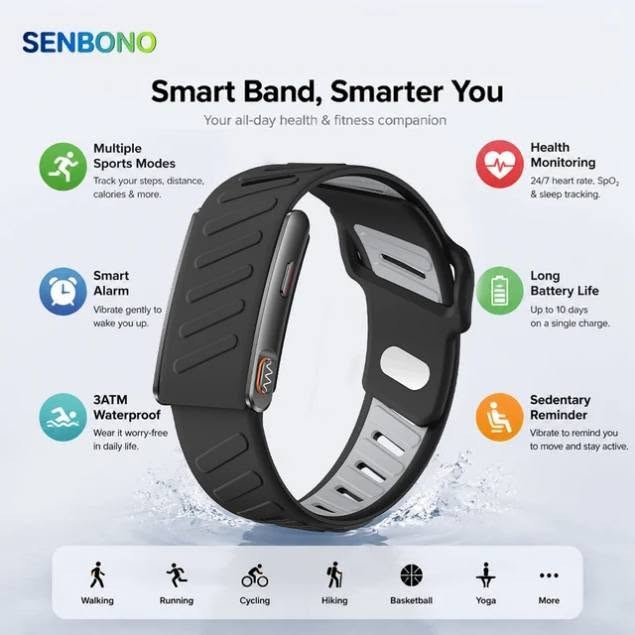 سوار SENBONO • مراقبة نبض SpO2 • بطارية ٢٠ يوم