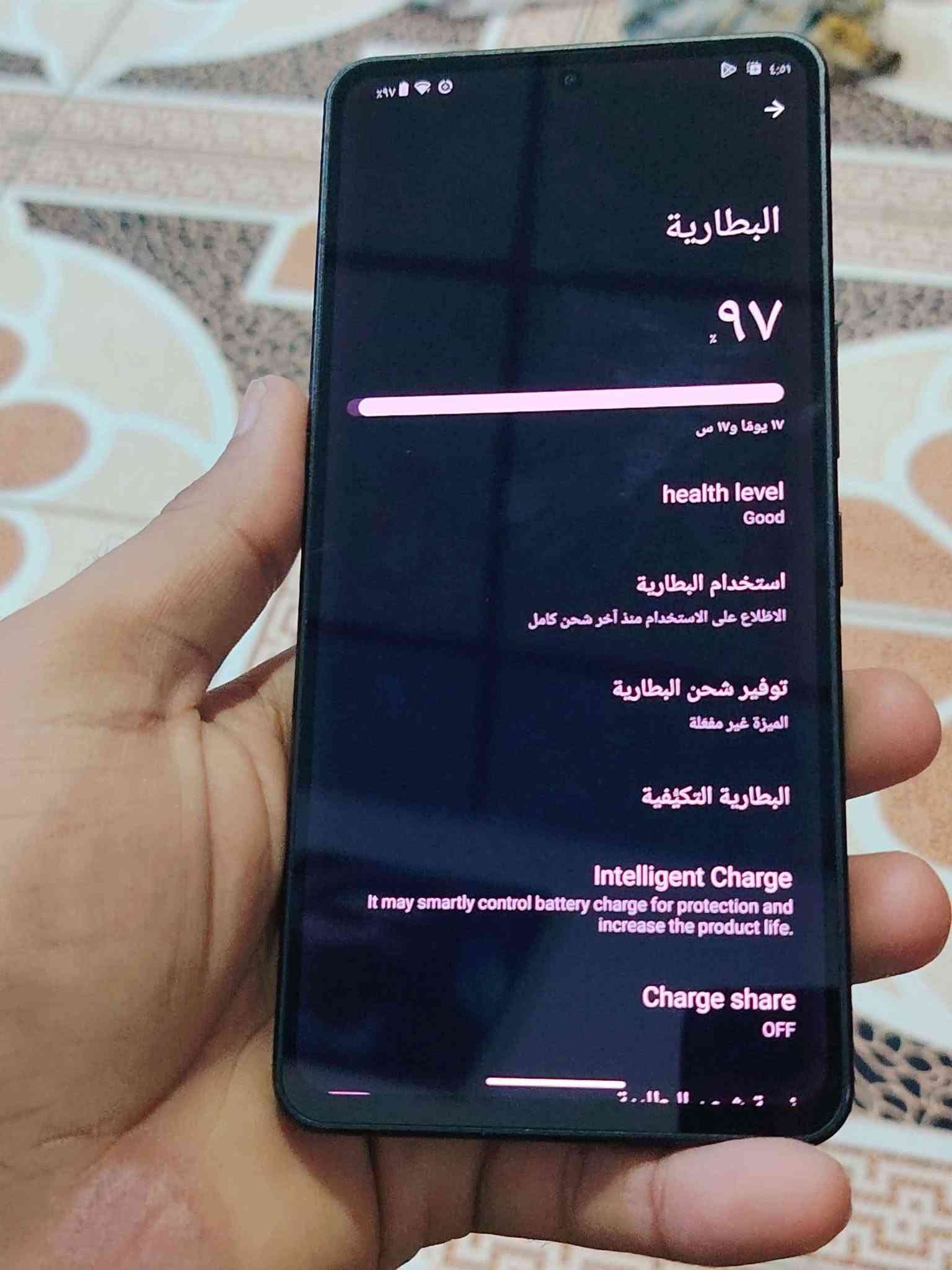 للبيع أو للمراوس ☑️
أرخص فلاكشيب في العراق 🇮🇶
من الشركة اليابانية المعروفة...
📱 شارب ار 8 برو Sharp AQUOS R8 Pro
◀️ معالج فلاكشيب سناب دراكون 8 الجيل الثاني يشغل العاب من 90 إلى 120 فريم
◀️ شاشة اوليد خرافية 6.6 انج بتردد جنوني 240 هيرتز
◀️ كاميرا مزودة بمتحسس من شركة لايكا الالمانية
◀️ بطارية 5000 ملي امبير
🌐 العنوان النجف الاشرف - ناحية العباسية ➡️
وعندي توصيل لجميع المحافظات النجف, العراق

نص مكتوب في الصور:
- البحث في الإعدادات
- Operation Optimization
- تسهيل الاستخدام
- العرض والتفاعل والصوت
- About this AQUOS
- البطارية
- ٩٧٪ - ١٧ يوماً و١٧ س
- التخزين
- ١٠٪ مستخدمة - ٢٣١ غ.ب متاحة
- التطبيقات
- التطبيقات المستخدمة مؤخراً، التطبيقات التلقائية
- لمحة عن الهاتف
- AQUOS R8 pro
- النظام
- اللغات والإيماءات والوقت والاحتفاظ بنسخة احتياطية
- Support
- Troubleshooting
- FAQ, Proficient use guide, Self check.
- البطارية %97 ١٧ يوما و١٧ س health level Good استخدام البطارية الاطلاع على الاستخدام منذ آخر شحن كامل توفير شحن البطارية الميزة غير مفعلة البطارية التكيفية Intelligent Charge It may smartly control battery charge for protection and increase the product life. Charge share OFF