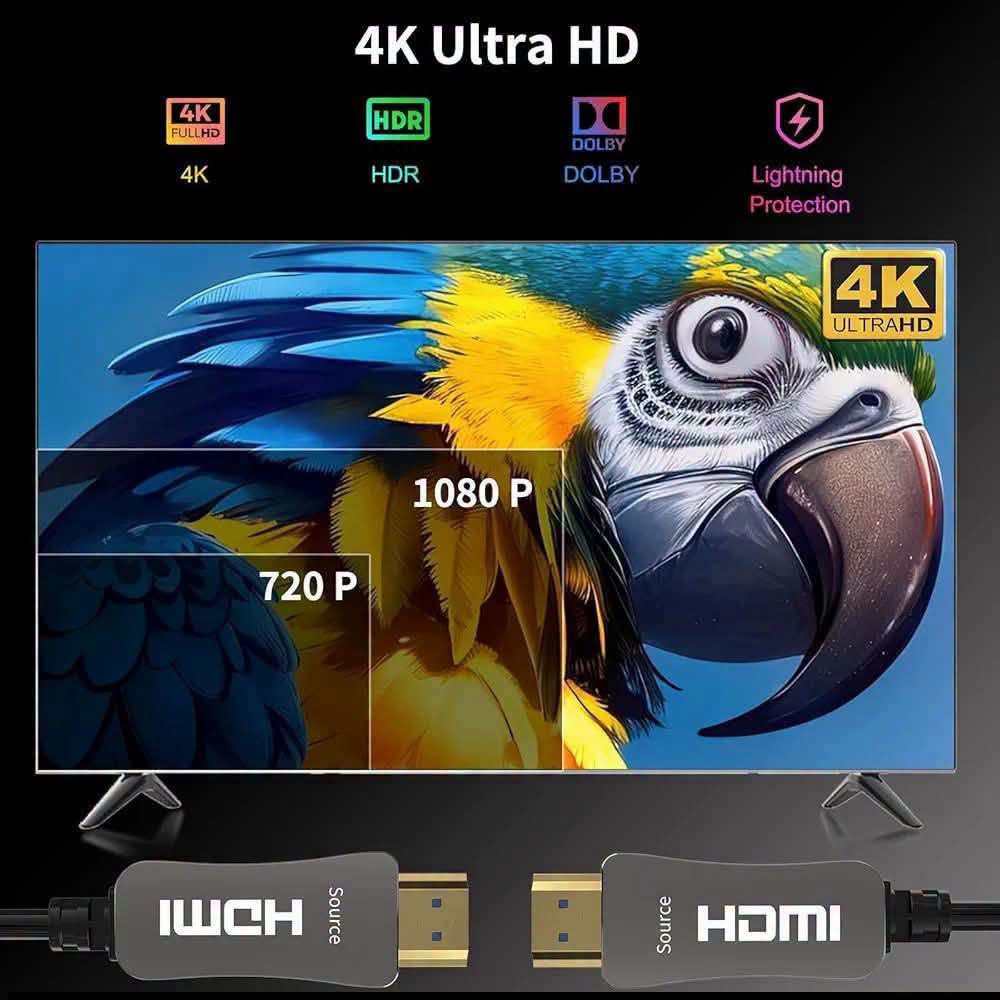 كابل HDMI 2.0 من الألياف الضوئية يدعم دقة 4K بمعدل 60 هرتز، وتقنية 3D، ودقة Full HD، وتقنية ARC، وتقنية CEC، وتقنية HEC، بطول 30 مترًا.

السعر ٢٠

نص مكتوب في الصور:
- HDMI 2.0 CABLE-HIGH COMPATIBILITY PLUG AND PLAY Backward compatible with HDMI 2.0/1.4: Works with all standard HDMI interfaces. No device upgrade worries! Display Monitor HDTV/TV Projector Sound Bar PS4/PS5 XBOX Series Blu-Ray Player Laptop Desktop SOURCE
- Advanced Fiber Optic Technology Chips Featuring version 2.0 chips for faster speeds, better efficiency, and superior reliability.
- FIBER Anti-interference Low Latency Longer transmission distance Firmer and lighter COPPER Susceptible to interference Severe delay Short transmission Heavy and stiff
- Outdoor Screen
- Versatile Wiring Scenarios Ideal for various applications, ensuring easy and efficient installation Projection Offices Professional Audio-Visual Industry Games Mall HDTV LCD Video Walls Cinema Cabling Multi-Screen Linkage Security Monitoring Home Improvement Pre-Wiring
- 4K Ultra HD 4K FULLHD 4K HDR HDR DOLBY DOLBY Lightning Protection 4K ULTRAHD 1080 P 720 P