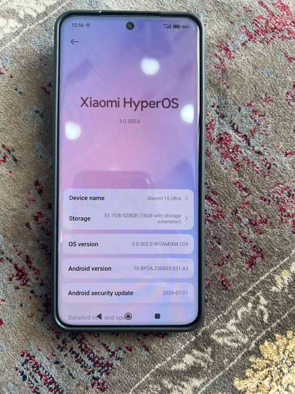 💥 Xiaomi 15 Ultra 💥
گلۆبالی ئەسلی
تاکە مۆبایل بێ خاڵی لاوازی

 %٩٦خاوێن نەکراوە بێ عەیب 
بەهەمو شەرت و زەمانێ تا یەک هەفتە
شەحنو کەڤەری لەگەلەدرعی پشتو پێشی لیدراوە 
بەس کارتۆنی لەگەل نیە

🌟🟣💾 ڕام   16+16  
🌟🟣📟 زاکیرە    512گێگا                
🌟🟣⚙️ پرۆسیسەر    snapdragon  8 elite +gaming
chipبەڵای سەرعی      
🌟🟣🎮 بۆ هەموو یاریەک  120fps ئەدا بە 2k
🌟🟣📷 کامێرا       200mp. 120X zoom  کامیرای زۆر جوان     
🌟🟣🔋 پاتری     5410 و   90وات   
🌟🟣 🌊 دژە ئاو   ip 68 تا قوڵی ٢ مەتر بۆ ١سەعات
🌟🟣📲شاشە  2k      120hz    زۆر نایاب      
🌟🟣 💵  نرخ   599$  قفل سعر سابت

Tele : *********** وەتسئەپ أربيل, العراق

نص مكتوب في الصور:
- 12:56 96% Xiaomi HyperOS 3.0.302.0 Device name Xiaomi 15 Ultra Storage 51.7GB/528GB (16GB with storage extension) OS version 3.0.302.0.WOAMIXM.C09 Android version 16 BP2A.250605.031.A3 Android security update 2026-07-01 Detailed in and spe
- 12:57 96% Detailed info and specs RAM 16.0+6.0 GB CPU Snapdragon 8 Elite Mobile Platform Octa-core Max 4.32GHz OS version 3.0.302.0.WOAMIXM.C09 Android version 16 BP2A.250605.031.A3 | Android security update: 2026-07-01 Model 25010PN30G Baseband version MPSS.DE.7.0-GLB-133b187814 Kernel version 6.6.118-android15-8-ge56cf6b09cca-ab15511674-4k