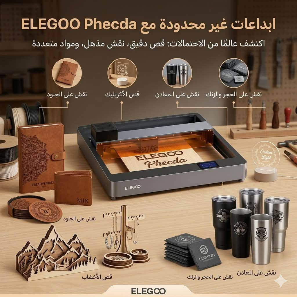 💎 هندسة فخمة وأداء لا يضاهى:يأتي الجهاز بهيكل معدني متين وبتصميم عصري راقٍ يضيف لمسة من الفخامة لمشغلك أو مكتبك. بفضل تقنية الليزر المضغوط فائق النحافة، يمنحك الجهاز دقة مجهرية متناهية تحول أدق التفاصيل والخطوط إلى قطع فنية مبهرة وخالية من العيوب.🛠️ استخدامات لا حصر لها (على ماذا يعمل؟):يتميز الجهاز بمرونة مطلقة ليلبي كافة أفكارك الاستثمارية والتجارية، حيث يمكنك استخدامه في:🪵 أعمال الخشب والديكور: نقش وقص الأخشاب بأنواعها (خشب الباسوود، الأبلاكاش، الـ MDF) لصناعة لوحات جدارية، علب هدايا، وقواعد أكواب فاخرة.💼 المنتجات الجلدية الراقية: النقش بدقة مذهلة على المحافظ، الحقائب، الأحزمة، والأحذية المصنوعة من الجلود الطبيعية أو الصناعية.🛡️ المعادن والزجاج: حفر شعارات وأسماء على الفولاذ المقاوم للصدأ (الستانلس ستيل)، المعادن المطلية، والزجاج والسيراميك لإعطاء المنتجات طابعاً ملكياً.🔮 الأكريليك والأقمشة: تصميم شعارات مضيئة وقص الأكريليك الداكن بدقة متناهية، بالإضافة إلى النقش على الأقمشة الفاخرة والجتر والخيزران.🚀 لماذا تختار ELEGOO Phecda 20w؟مساحة عمل واسعة (400×400 ملم): تمنحك الحرية لتنفيذ القطع الكبيرة والصغيرة بكل أريحية.نظام مساعد الهواء (Air Assist): لضمان قطع نظيف تماماً وحواف بيضاء خالية من آثار الحروق أو الدخان.أمان متكامل: مزود بدروع واقية للعين ومستشعرات ذكية لحمايتك أثناء العمل.💡 ابدأ مشروعك الخاص اليوم، واجعل منتجاتك تحمل توقيع الفخامة والتميز

نص مكتوب في الصور:
- إبداعات غير محدودة مع ELEGOO Phecda
- اكتشف عالمًا من الاحتمالات: قص دقيق، نقش مذهل، ومواد متعددة
- نقش على الجلود
- قص الأكريليك
- نقش على المعادن
- نقش على الحجر والزنك
- قص الأخشاب
- ELEGOO
- Phecda 10W x Air Assist Set - Basic (CM4*6) 16pcs (KM4*8) 8pcs (PM3*6) 7pcs Engraving Material Safety Goggles Card Reader TF Card Adjustable Risers Air Assist Set Adapter USB Cable Wrench Tools
- جهاز النقش والقطع بالليزر ELEGOO Phecda اكتشف عالم الإبداع والاحترافية المواصفات الفنية طراز الطاقة: 10 واط أو 20 واط مساحة عمل واسعة: 400 x 400 مم سرعة نقش فائقة: تصل إلى 25,000 مم/دقيقة دقة نقش دقيقة للغاية: 0.01 مم شاشة تحكم باللمس كاملة الألوان توافق متعدد مع البرمجيات: LightBurn, LaserGRBL اتصال Wi-Fi و App و للهواتف إمكانيات غير محدودة للأعمال حفر على الخشب، الجلد، الأكريليك، وأكثر قطع دقيق للأشكال المعقدة تخصيص المنتجات والهدايا إنتاج قطع فنية وديكورات Contact us at an +003 7355 7790 LightBurn أطلب الآن ELEGOO GET IT ON Google Play Download on the App Store