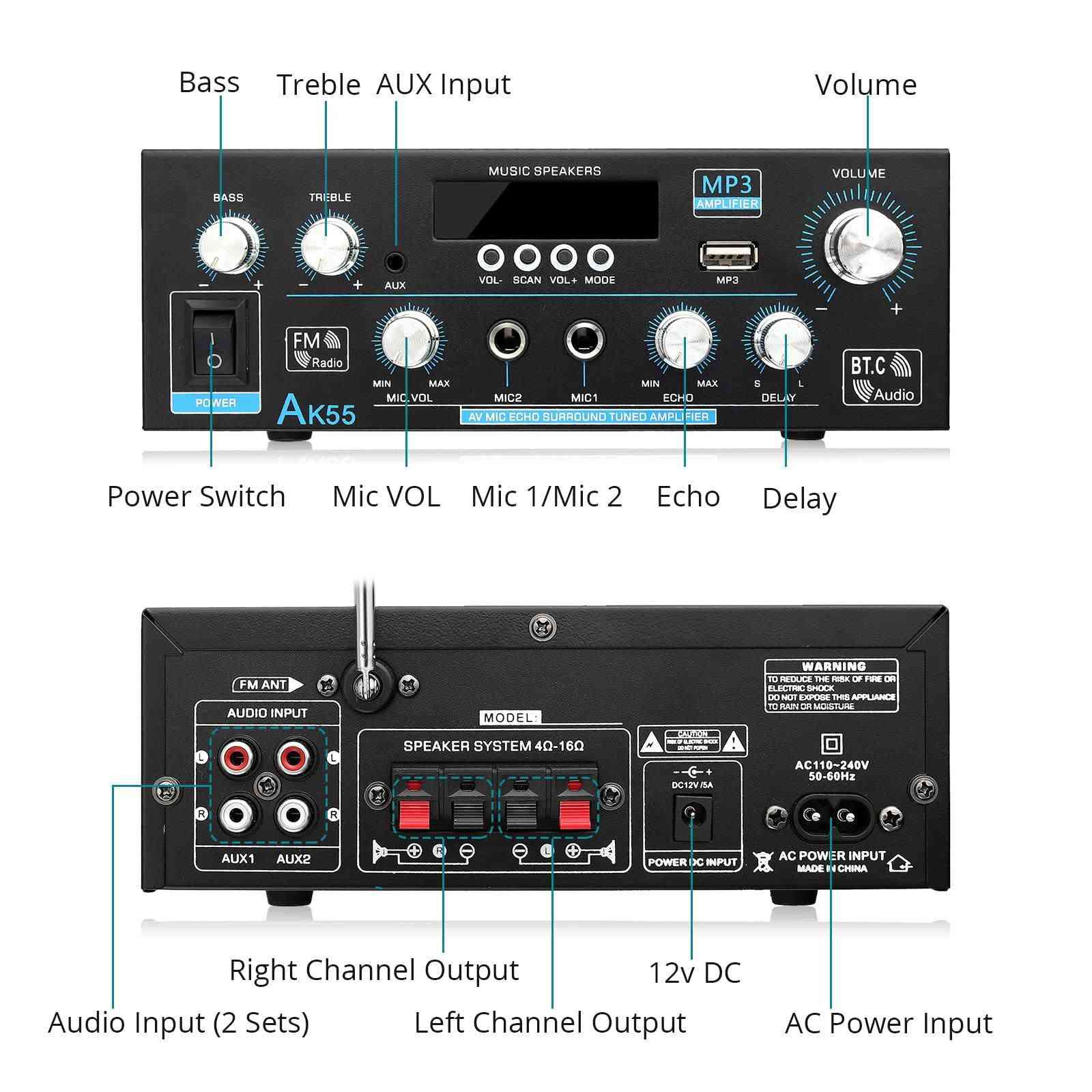 40 الف
نبذة باستخدام الذكاء الاصطناعي

الصورة تظهر صندوق مضخم صوت ستيريو رقمي طراز AK55 (Stereo Audio Power Amplifier). [1, 2]

التفاصيل والمواصفات:

الطاقة: يدعم قدرة خرج تصل عادة إلى حوالي 90 واط + 90 واط (أو ما يصل لـ 300 واط كحد أقصى حسب الإصدار).

التقنيات: يدعم اتصال البلوتوث (Bluetooth 5.0)، ومنفذ USB، وبطاقات الذاكرة (TF/SD Card)، وراديو FM.

المميزات: يحتوي على مدخلين للميكروفون، وإمكانية التحكم في الصوت الجهوري (Bass) والصوت الحاد (Treble)، ويأتي مع جهاز تحكم عن بعد.

الاستخدامات: مناسب لأنظمة الصوت المنزلية الصغيرة، الكاريوكي، أو السماعات الاستيريو. [1, 2, 3, 4]

إذا كنت ترغب في معرفة المزيد، أخبرني:

ما هو نوع السماعات أو النظام الذي تخطط لربطه به؟

هل تحتاج إلى مساعدة في طريقة توصيله أو إعدادات التشغيل؟
التواصل خاص او الاتصال على الرقم 
***********
