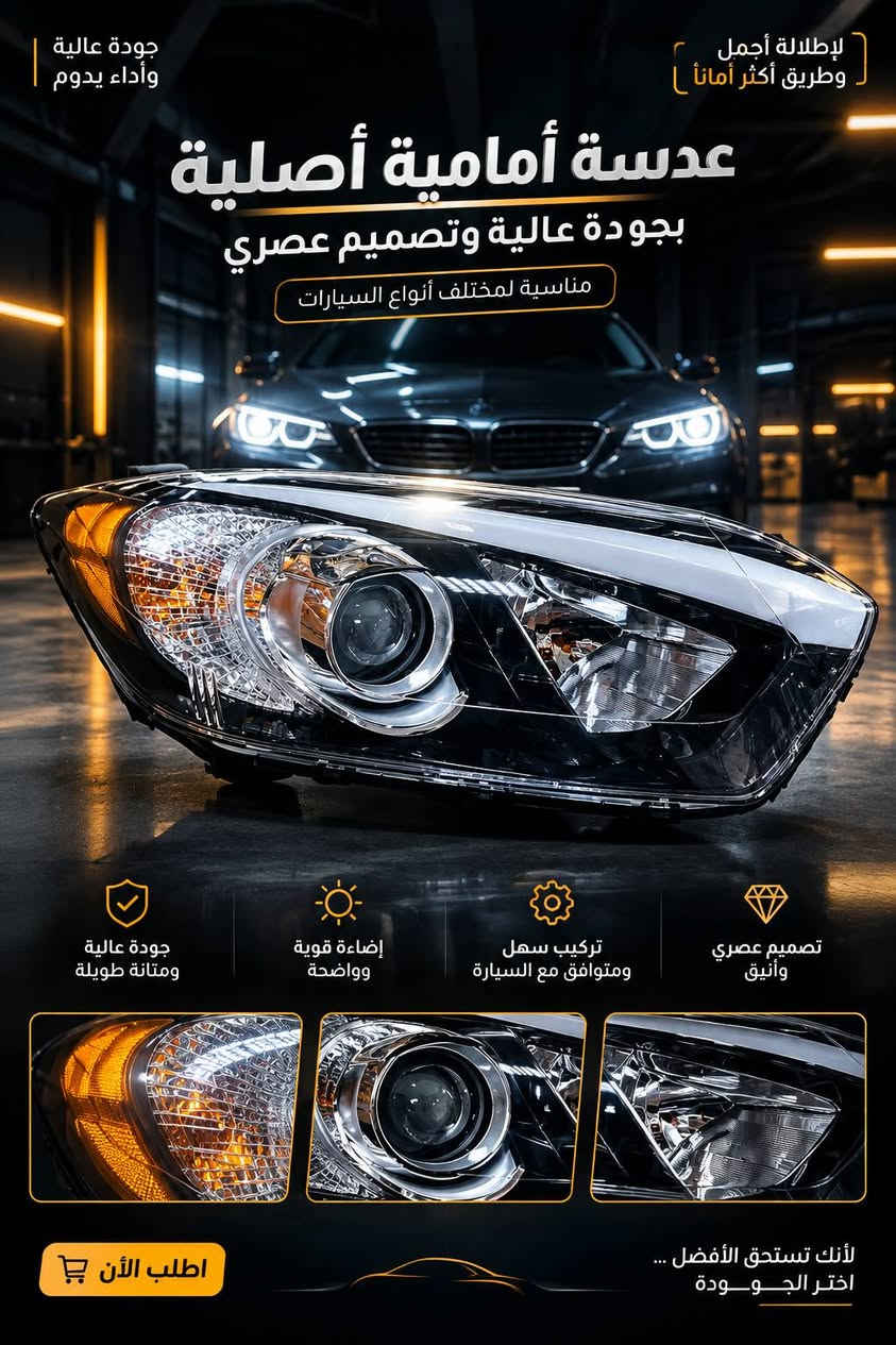 لسلام عليكم لايتات امامي اصلي درجة اولى تفصيخ ووجديد تواصل***********

نص مكتوب في الصور:
- TIME SQUARE 3D REVEAL جودة عالية وأداء يدوم عدسة أمامية أصلية بتقنية تايم سكوير 3D وضوح أعلى .. أمان أكثر .. لمظهر عصري مطابقة لمواصفات الوكالة 100% أصلي إضاءة قوية وواضحة أمان أعلى في القيادة تركيب سهل ومناسب تماماً تصميم عصري وأنيق تايم سكوير 3D هو الخيار الأمثل لسيارتك اطلب الآن
- كشاف أمامي بجودة عالية وتصميم عصري يمنحك رؤية أوضح ... وأمان أكثر جودة عالية ومتانة طويلة إضاءة قوية وواضحة تركيب سهل وتوافق تام تصميم عصري وأنيق
- جودة عالية وأداء يدوم لإطلالة أجمل وطريق أكثر أماناً عدسة أمامية أصلية بجودة عالية وتصميم عصري مناسبة لمختلف أنواع السيارات جودة عالية ومتانة طويلة إضاءة قوية وواضحة تركيب سهل ومتوافق مع السيارة تصميم عصري وأنيق لأنك تستحق الأفضل ... اختر الجودة اطلب الآن