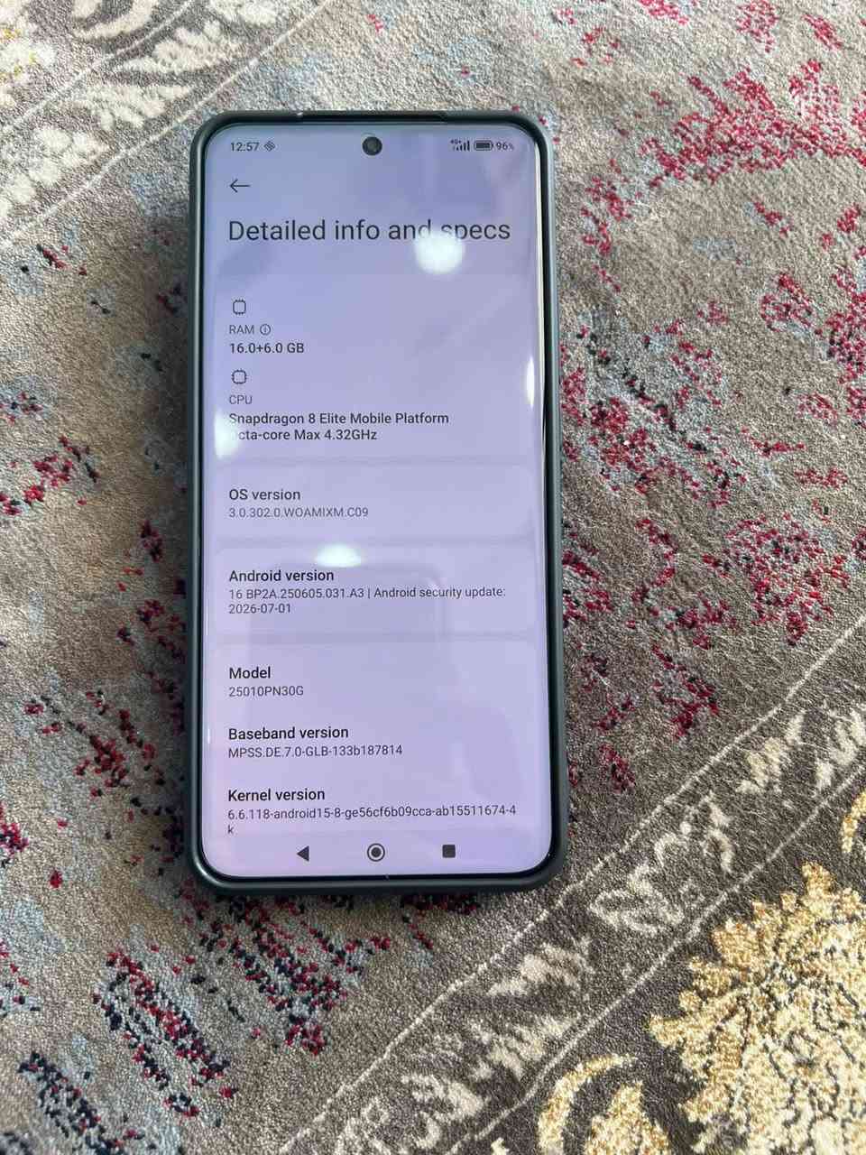 💥 Xiaomi 15 Ultra 💥
گلۆبالی ئەسلی
تاکە مۆبایل بێ خاڵی لاوازی

 %٩٦خاوێن نەکراوە بێ عەیب 
بەهەمو شەرت و زەمانێ تا یەک هەفتە
شەحنو کەڤەری لەگەلەدرعی پشتو پێشی لیدراوە 
بەس کارتۆنی لەگەل نیە

🌟🟣💾 ڕام   16+16  
🌟🟣📟 زاکیرە    512گێگا                
🌟🟣⚙️ پرۆسیسەر    snapdragon  8 elite +gaming
chipبەڵای سەرعی      
🌟🟣🎮 بۆ هەموو یاریەک  120fps ئەدا بە 2k
🌟🟣📷 کامێرا       200mp. 120X zoom  کامیرای زۆر جوان     
🌟🟣🔋 پاتری     5410 و   90وات   
🌟🟣 🌊 دژە ئاو   ip 68 تا قوڵی ٢ مەتر بۆ ١سەعات
🌟🟣📲شاشە  2k      120hz    زۆر نایاب      
🌟🟣 💵  نرخ   599$  قفل سعر سابت

Tele : *********** وەتسئەپ أربيل, العراق

نص مكتوب في الصور:
- 12:56 96% Xiaomi HyperOS 3.0.302.0 Device name Xiaomi 15 Ultra Storage 51.7GB/528GB (16GB with storage extension) OS version 3.0.302.0.WOAMIXM.C09 Android version 16 BP2A.250605.031.A3 Android security update 2026-07-01 Detailed in and spe
- 12:57 96% Detailed info and specs RAM 16.0+6.0 GB CPU Snapdragon 8 Elite Mobile Platform Octa-core Max 4.32GHz OS version 3.0.302.0.WOAMIXM.C09 Android version 16 BP2A.250605.031.A3 | Android security update: 2026-07-01 Model 25010PN30G Baseband version MPSS.DE.7.0-GLB-133b187814 Kernel version 6.6.118-android15-8-ge56cf6b09cca-ab15511674-4k