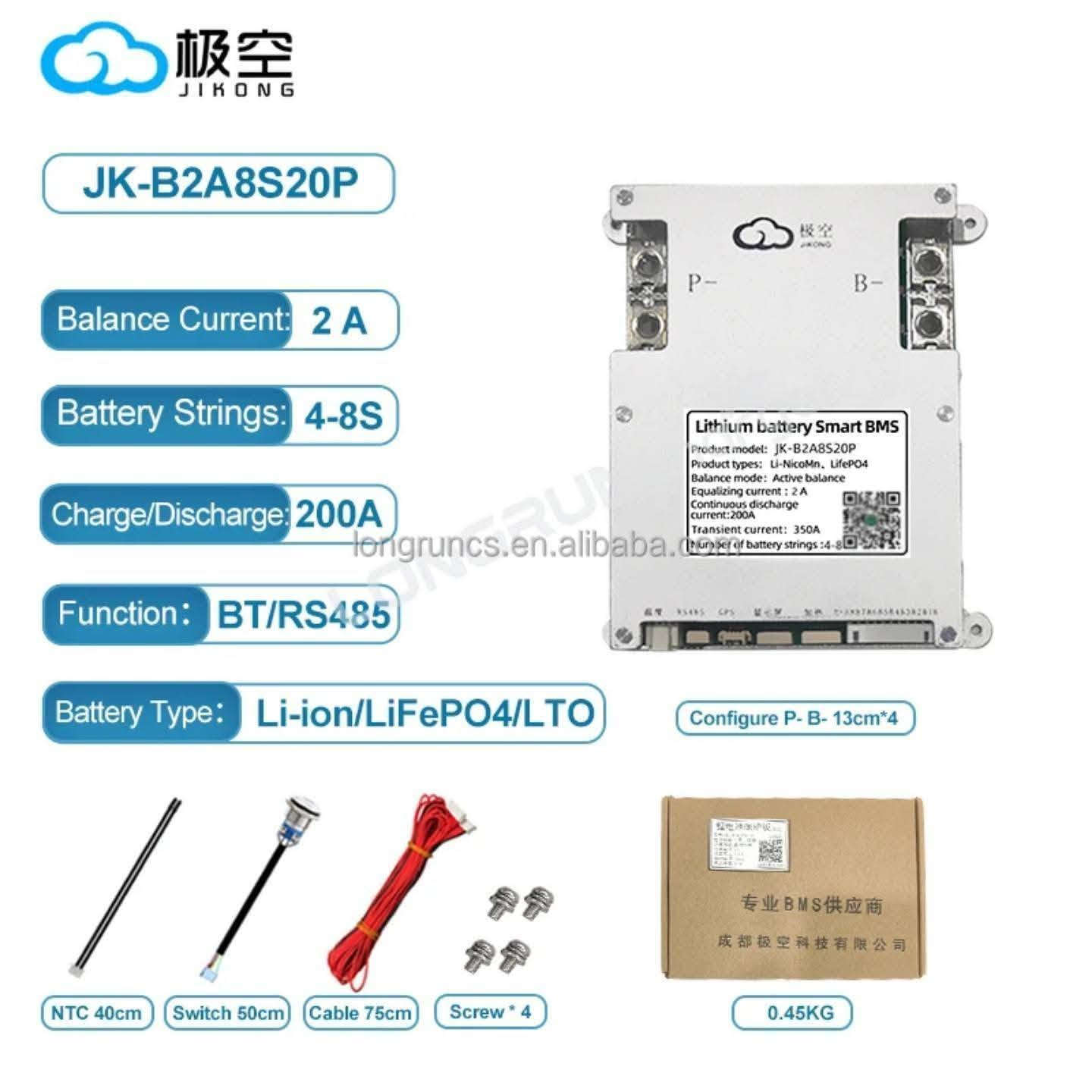🔋 متوفر لدينا الآن أنظمة الـ BMS الأصلية:

✅ JK BMS 150A—PB2A16S15P.
✅ JK BMS 200A—PB2A16S20P
✅ JK BMS 200A—B2A8S20P
✅ JK BMS 200A—B2A20S150P
Balancer 16A5A

✅ مناسبة لأنظمة بطاريات الليثيوم والطاقة الشمسية، بكفاءة عالية وحماية متقدمة ⚡

✔️ موازنة ذكية للخلايا
✔️ حماية من الشحن والتفريغ الزائد
✔️ مراقبة وتحكم عبر التطبيق
✔️ أداء مستقر واعتمادية عالية

⚠️ الكمية محدودة

للاستفسار والأسعار يرجى التواصل عبر الخاص أو الاتصال واتساب.
***********

نص مكتوب في الصور:
- 极空 JIKONG JK-B2A8S20P Balance Current: 2 A Battery Strings: 4-8S Charge/Discharge: 200A Function: BT/RS485 Battery Type: Li-ion/LiFePO4/LTO longruncs.en.alibaba.com Configure P- B- 13cm*4 NTC 40cm Switch 50cm Cable 75cm Screw * 4 0.45KG
- O-LEADING
- To Be Reliable To Be Valuable
- Active
- balancer
- equalizer
- BMS
- Suitable for
- NMC Lithium
- LFP Lithium
- LTO Lithium