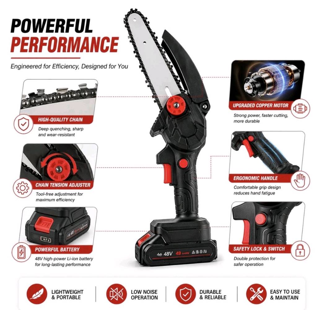 منشار لاسلكي صغير محمول 

منشار كهربائي صغير لاسلكي (Mini Electric Chainsaw)، وهو أداة يدوية محمولة ومخصصة لقص الخشب وتقليم الأشجار.أهم مواصفات ومحتويات المنتج:البطارية: يعمل ببطارية ليثيوم قوية بقدرة 48 فولت قابلة للشحن.التحكم بالسرعة: مزود بمفتاح تشغيل ذكي يتيح التحكم بالسرعة اللانهائية المتغيرة (Infinitely Variable Speed).الكفاءة: مصمم لقص الأخشاب بقطر يصل إلى 15 سم في غضون 10 ثوانٍ تقريبًا (تختلف المدة حسب صلابة الخشب).المحتويات المرفقة بالصندوق (Set Included):منشار كهربائي عدد 1 (Chainsaw)مفتاح ربط صامولة عدد 1 (Wrench)مفك براغي عدد 1 (Screwdriver)نصل التوجيه عدد 1 (Guide Bar)لوح حماية التوجيه عدد 1 (Guide Plate
السعر: 24 الف 
التوصيل: 4 لكل العراق
