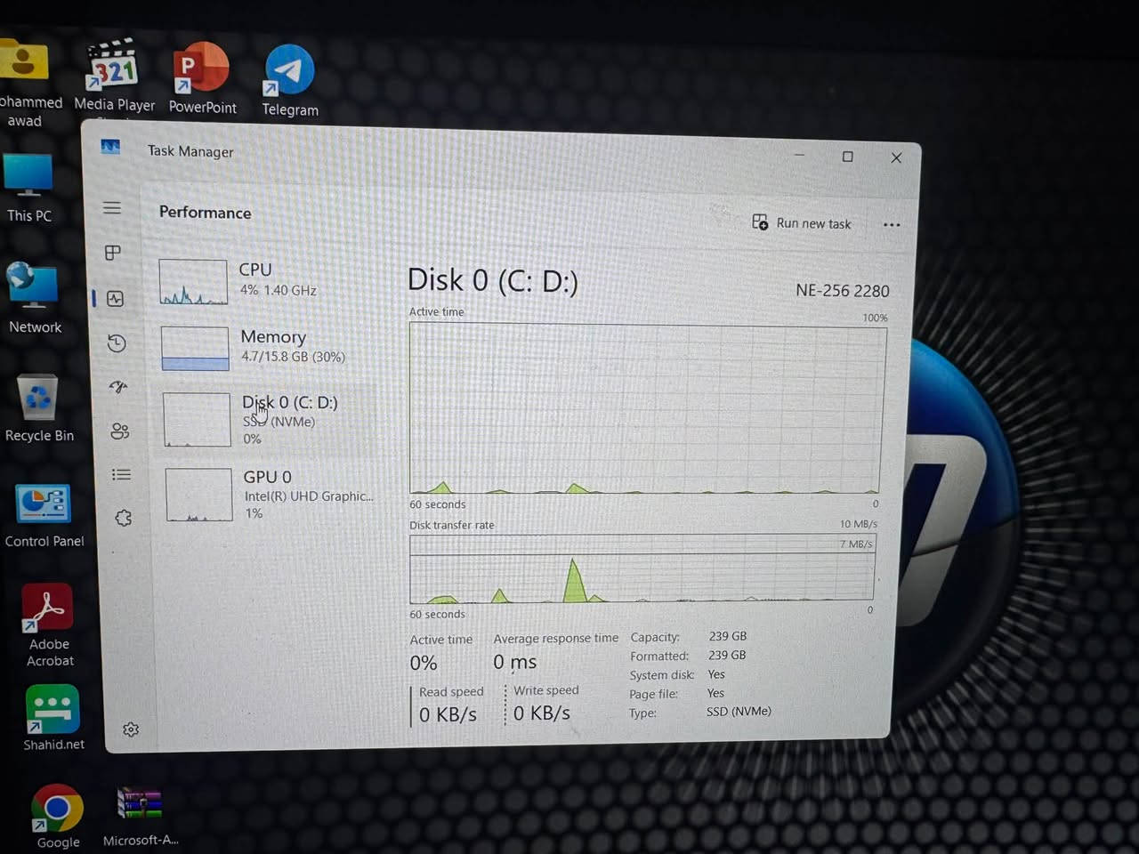 سلام عليكم للبيع حاسبه لابتوب نوع hp لون سلفر 

الرام    16 
الهارد  256 
كور    i7 
كيبورت عربي انكليزي ضوئي  
نضام بصمه  
السعر 425 
رقم الهاتف  *********** واتساب

نص مكتوب في الصور:
- Task Manager Performance Run new task CPU 5% 1.35 GHz Memory 4.7/16 GB (30%) Disk 0 (C: D:) SSD (NVMe) 0% GPU 0 Intel(R) UHD Graphic... 1% Memory Memory usage 16.0 GB 15.8 GB 60 seconds 0 Memory composition In use (Compressed) 4.4 GB (33.5 MB) Available 11.1 GB Speed: 2400 MT/s Slots used: 1 of 2 Form factor: SODIMM Hardware reserved: 194 MB Committed 4.5/16.8 GB Cached 1.5 GB Paged pool 228 MB Non-paged pool 266 MB
- Task Manager Performance Run new task CPU 4% 1.40 GHz Memory 4.7/15.8 GB (30%) Disk 0 (C: D:) SSD (NVMe) 0% GPU 0 Intel(R) UHD Graphic... 1% Disk 0 (C: D:) NE-256 2280 Active time 100% 60 seconds 0 Disk transfer rate 10 MB/s 7 MB/s 60 seconds 0 Active time 0% Average response time 0 ms Capacity: 239 GB Formatted: 239 GB System disk: Yes Page file: Yes Read speed 0 KB/s Write speed 0 KB/s Type: SSD (NVMe)