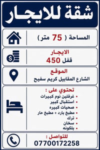 طابق ثاني • غرفتين نوم • ٧٥م