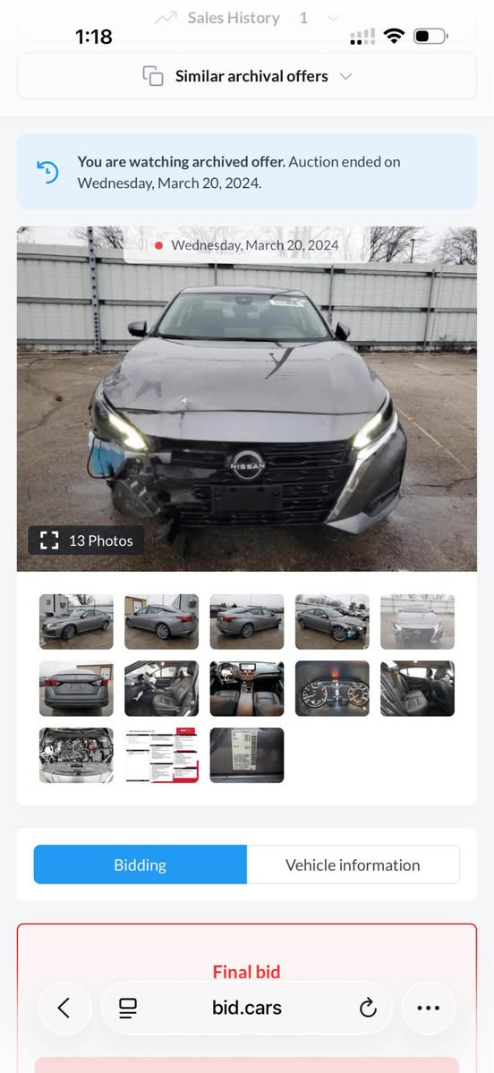 ٢٠٢٣ SL بێدەبل ئەکسل
***********
164 majal أربيل, العراق

نص مكتوب في الصور:
- 1:18 Sales History 1 Similar archival offers You are watching archived offer. Auction ended on Wednesday, March 20, 2024. Wednesday, March 20, 2024 13 Photos Bidding Vehicle information Final bid bid.cars