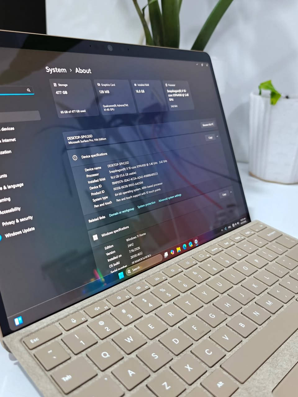 🌟 للبيع: أحدث جيل من سيرفس برو - Microsoft Surface Pro 11 (Copilot+ PC)

*اللون الذهبي المميز

* المعالج: Qualcomm Snapdragon X Plus بـ 10 أنوية، مع وحدة NPU للذكاء الاصطناعي (أداء فائق وسرعة استجابة).
* الذاكرة (RAM): سعة 16GB LPDDR5x لأداء سلس في تعدد المهام.
* التخزين: 512GB SSD (فائق السرعة وقابل للإزالة/التطوير).
* الشاشة: شاشة لمس PixelSense Flow مقاس 13 بوصة، دقة 2.8K (2880x1920)، بمعدل تحديث 120Hz لتجربة بصرية فائقة السلاسة.
* البطارية: عمر بطارية استثنائي يصل إلى 14-15 ساعة من الاستخدام المتواصل.
* الكاميرا: كاميرا أمامية بدقة 1440p (Quad HD) وكاميرا خلفية 10MP تدعم تصوير 4K.
* الاتصال: يدعم أحدث تقنيات Wi-Fi 7 ومنفذي USB-C (USB4).
* نظام التشغيل: Windows 11 Pro الأصلي.
* خاصية Face-ID 
* الحالة : نظيف جدا بدون بوكس
* البطارية 🔋: مشحون 4 مرات

السعر : 
1- الجهاز فقط 1،450،000
2- مع كيبورد اصلي 1،600،000
3- مع كيبورد و قلم اصليات 1،675،000

للتواصل والاستفسار: ***********

* ضمان اسبوعين

https://t.me/epic_store2
------------------------------
ملاحظة للمشتري: الجهاز مثالي للمهندسين، المبرمجين، والطلاب، خاصة مع سهولة فكه وتطوير قرص التخزين فيه.

نص مكتوب في الصور:
- System > About
- Storage
- 477 GB
- 65 GB of 477 GB used
- Graphics Card
- 128 MB
- Qualcomm(R) Adreno(TM)
- X1-85 GPU
- Installed RAM
- 16.0 GB
- Processor
- Snapdragon(R) X 10-
- core X1P64100 @ 3.40
- GHz
- 3.42 GHz
- DESKTOP-5PVL5SD
- Microsoft Surface Pro, 11th Edition
- Device specifications
- Device name DESKTOP-5PVL5SD
- Processor Snapdragon(R) X 10-core X1P64100 @ 3.40 GHz 3.42 GHz
- Installed RAM 16.0 GB (15.6 GB usable)
- Device ID 994F0576-3DA2-4CDA-AD43-418888A89223
- Product ID 00356-06318-91051-AAOEM
- System type 64-bit operating system, ARM-based processor
- Pen and touch Pen and touch support with 10 touch points
- Related links Domain or workgroup System protection Advanced system settings
- Windows specifications
- Edition Windows 11 Home
- Version 24H2
- Installed on 7/16/2026
- OS build 26100.4652
- Serial number DF36WKR24383KV
- Search
- Home
- Insert
- PrntScrn
- Delete
- 12:22 AM
- 8/15/2026
- Esc
- Tab
- Q
- W
- E
- R
- T
- Y
- U
- I
- O
- P
- A
- S
- D
- F
- G
- H
- J
- K
- L
- Z
- X
- C
- V
- B
- N
- M
- Alt