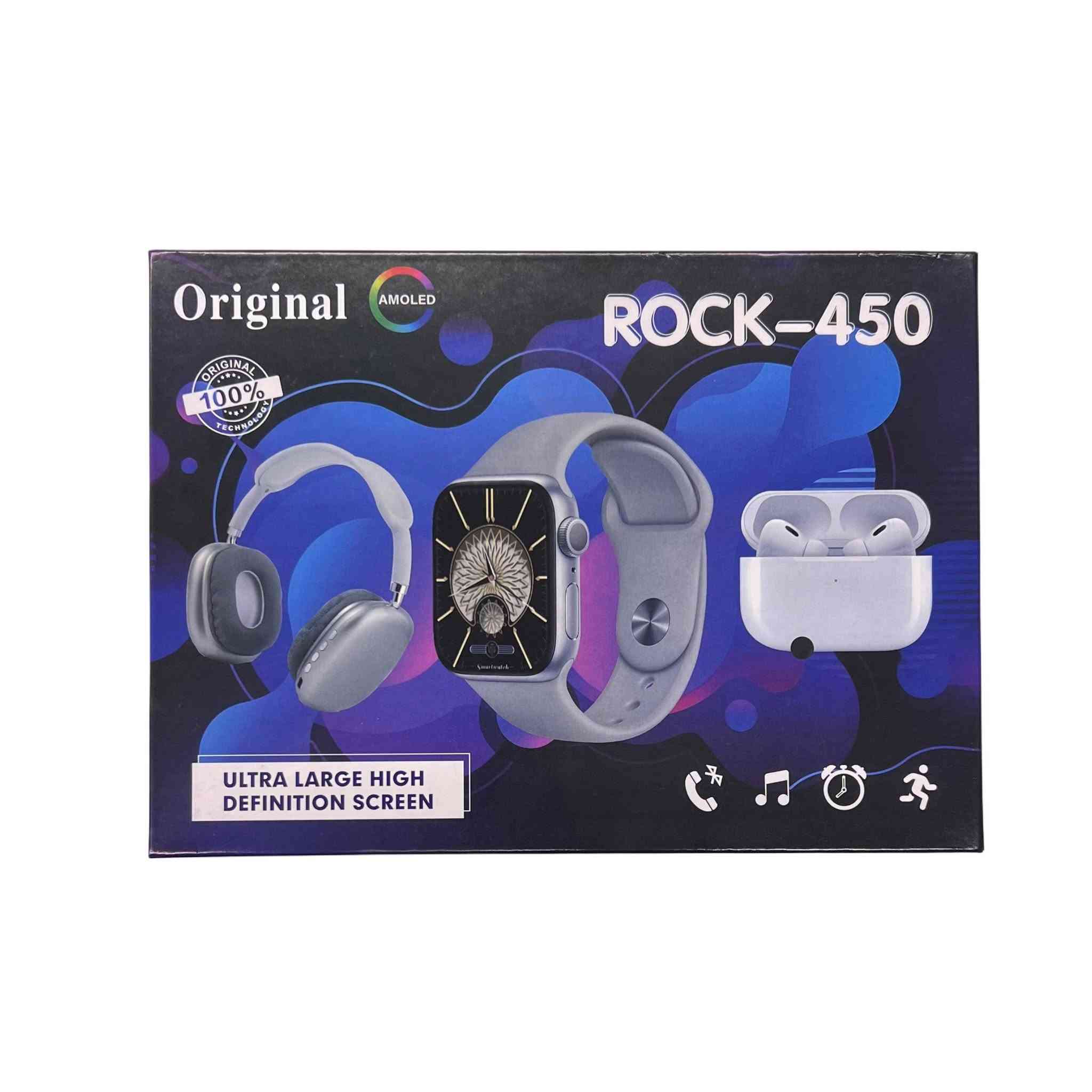 السعر 25 الف والتوصيل مجاني للتواصل واتساب ***********
ROCK-450 Smart Wristband + TWS Earbuds – سوار ذكي مع سماعات لاسلكية

سوار ذكي عملي يجمع بين شاشة كبيرة عالية الدقة وسماعات لاسلكية بتصميم TWS داخل نفس العلبة، مناسب للاستخدام اليومي وتتبع النشاطات الأساسية.

• شاشة Ultra Large High Definition لعرض البيانات بوضوح

• يدعم الاتصال عبر Bluetooth (إصدار 5.3 في السماعات)

• قياس عدد الخطوات والسعرات الحرارية والمسافة

• أوضاع رياضية: مشي، جري، ونط الحبل

• استقبال إشعارات المكالمات والرسائل

• سماعات لاسلكية تدعم اللمس للتحكم بالمكالمات والموسيقى

• إمكانية استخدام السماعات بشكل منفصل أو معًا (TWS)

الساعة الذكية:
• نظام التشغيل المدعوم: Android 5.0 فأعلى / iOS 9.0 فأعلى
• البلوتوث: Bluetooth 4.0
• نوع البطارية: Lithium Polymer
• نطاق درجة الحرارة التشغيلية: ‎-10°C إلى 50°C
• الحساسات: مستشعر تسارع إلكتروني

السماعات اللاسلكية:
• إصدار البلوتوث: 5.3 + EDR (استهلاك منخفض للطاقة)
• تردد البلوتوث: 2.4GHz
• مدى الاتصال: 15–25 متر
• سعة بطارية علبة الشحن: 300mAh
• سعة بطارية السماعة: 30mAh لكل سماعة
• وقت تشغيل الموسيقى: 2–3 ساعات
• وقت المكالمات: حوالي 4 ساعات
• زمن الشحن: حوالي 1 ساعة
• جهد الشحن: 5V

محتويات العلبة:
• ساعة ذكية ROCK-450
• 4 سوارات
• زوج سماعات لاسلكية TWS
• علبة شحن للسماعات
• كابل شحن
• دليل استخدام
