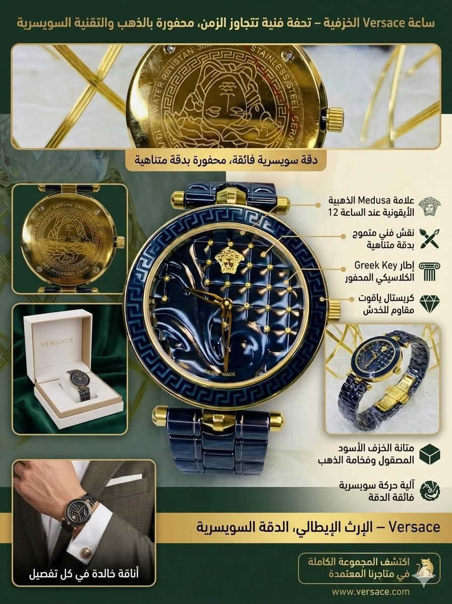 🖤✨ VERSACE | فخامة تليق بذوقك ✨🖤
⌚ Unisex – للرجال والنساء
📏 قطر 40mm | سير Ceramic أسود
✨ مينا أسود منقوش ومطعّم بالذهبي
💎 زجاج Sapphire | Bezel سيراميك
🔩 Stainless Steel مطعّم بالسيراميك
💧 مقاومة للماء 30 متر
🔒 قفل Butterfly

🔥 تصميم فاخر ومميز جدًا باليد… التفاصيل هي اللي تحچي عن الساعة.

📲 للطلب والاستفسار:
واتساب / ماسنجر
***********

📩 راسلنا الآن لمعرفة السعر والتفاصيل.@highlight

نص مكتوب في الصور:
- ساعة Versace الخزفية – تحفة فنية تتجاوز الزمن، محفورة بالذهب والتقنية السويسرية دقة سويسرية فائقة، محفورة بدقة متناهية علامة Medusa الذهبية الأيقونية عند الساعة 12 نقش فني متموج بدقة متناهية إطار Greek Key الكلاسيكي المحفور كريستال ياقوت مقاوم للخدش متانة الخزف الأسود المصقول وفخامة الذهب آلية حركة سويسرية فائقة الدقة Versace – الإرث الإيطالي، الدقة السويسرية أناقة خالدة في كل تفصيل اكتشف المجموعة الكاملة في متاجرنا المعتمدة www.versace.com