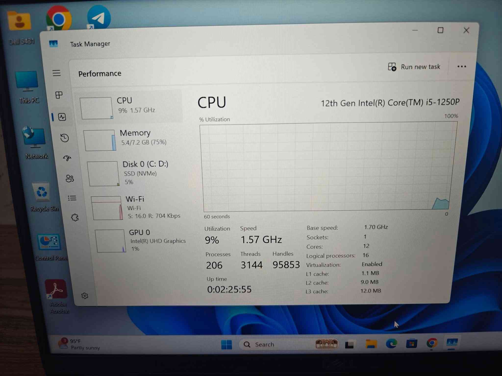 🔥 عرض خاص | قطعة واحدة فقط 
💻 Dell Latitude 5431 | الجيل 12

✨ مستخدم نضيف جداًالجيل 12 

💰 السعر: 410 الف فقط
💻 المواصفات: 
🔹 المعالج: Intel Core i5-1250P الجيل 12
🔹 12 نواة / 16 خيط معالجة
ا🔹الرام RAM: 8GB DDR5
🔹التخزين SSD: 256GB
🔹 كرت الشاشة: Intel UHD Graphics
🔹 الشاشة: 14 إنچ Full Hd 
🔹نظام التشغيل ويندوز 11 برو الاصلي 
✨ مناسب لـ:
📚 الدراسة والعمل
💼 Office والمحاسبة
💻 البرمجة
🌐 التصفح والإنترنت
🎨 التصميم والاستخدام اليومي

🎒 الملحقات: شاحن + جنطة
🛡️ ضمان لمدة 7 أيام
🚗 متوفر توصيل
📞 اتصال: ***********
📱واتساب : ***********

نص مكتوب في الصور:
- ياسر لابتوبات جودة عالية . أداء مضمون . أسعار منافسة بيع لابتوبات جديد و مستعمل خدمة ما بعد البيع دعم فني أسعار مناسبة تناسب الجميع ضمان على الأجهزة جودة مضمونة أجهزة مختيرة يوجد توصيل لكافة المناطق WhatsApp: *********** اتصال: ***********
- DirectX Diagnostic Tool System Display Sound Input This tool reports detailed information about the DirectX components and drivers installed on your system. If you know what area is causing the problem, click the appropriate tab above. Otherwise, you can use the "Next Page" button below to visit each page in sequence. System Information Current Date/Time: Monday, September 28, 2026, 5:32:08 PM Computer Name: DESKTOP-G2S56KJ Operating System: Windows 11 Pro 64-bit (10.0, Build 26200) Language: English (Regional Setting: English) System Manufacturer: Dell Inc. System Model: Latitude 5431 BIOS: 1.30.0 Processor: 12th Gen Intel(R) Core(TM) i5-1250P (16 CPUs), ~1.7GHz Memory: 8192MB RAM Page file: 6106MB used, 3164MB available DirectX Version: DirectX 12 Check for WHQL digital signatures DxDiag 10.00.26100.7920 64-bit Unicode Copyright (c) Microsoft. All rights reserved. Help Next Page Save All Information... Exit
- DirectX Diagnostic Tool
- System Display Sound Input
- Device
- Name: Intel(R) UHD Graphics
- Manufacturer: Intel Corporation
- Chip Type: Intel(R) UHD Graphics Family
- DAC Type: Internal
- Device Type: Full Display Device
- Approx. Total Memory: 3835 MB
- Display Memory (VRAM): 128 MB
- Shared Memory: 3707 MB
- Drivers
- Main Driver: igdumdim64.dll,igd10iumd64.dll,igd10
- Version: 32.0.101.7088
- Date: 6/17/2026 03:00:00
- WHQL Logo'd: Yes
- Direct3D DDI: 12
- Feature Levels: 12_1,12_0,11_1,11_0,10_1,10_0,9_3,
- Driver Model: WDDM 3.2
- DirectX Features
- DirectDraw Acceleration: Enabled
- Direct3D Acceleration: Enabled
- AGP Texture Acceleration: Enabled
- DirectX 12 Ultimate: Disabled
- Notes
- No problems found.
- Help
- Next Page
- Save All Information...
- Exit
- Task Manager Performance Run new task CPU 12th Gen Intel(R) Core(TM) i5-1250P % Utilization 100% 60 seconds 0 CPU 9% 1.57 GHz Memory 5.4/7.2 GB (75%) Disk 0 (C: D:) SSD (NVMe) 5% Wi-Fi Wi-Fi S: 16.0 R: 704 Kbps GPU 0 Intel(R) UHD Graphics 1% Utilization 9% Speed 1.57 GHz Processes 206 Threads 3144 Handles 95853 Up time 0:02:25:55 Base speed: 1.70 GHz Sockets: 1 Cores: 12 Logical processors: 16 Virtualization: Enabled L1 cache: 1.1 MB L2 cache: 9.0 MB L3 cache: 12.0 MB
- Task Manager
- Performance
- Run new task
- CPU
- 9% 1.58 GHz
- Memory
- 5.4/7.2 GB (75%)
- Disk 0 (C: D:)
- SSD (NVMe)
- 7%
- Wi-Fi
- S: 0 R: 1.0 Mbps
- GPU 0
- Intel(R) UHD Graphics
- 1%
- Memory usage
- 8.0 GB
- 7.2 GB
- 60 seconds
- 0
- Memory composition
- In use (Compressed)
- 5.4 GB (284 MB)
- Available
- 1.8 GB
- Speed:
- 4800 MT/s
- Slots used:
- 1 of 2
- Form factor:
- SODIMM
- Hardware reserved:
- 778 MB
- Committed
- 6.0/9.1 GB
- Cached
- Paged pool
- 455 MB
- Non-paged pool
- 377 MB
- 95°F
- Partly sunny
- Search
- Dell 5431
- This PC
- Network
- Recycle Bin
- Control Panel
- Adobe Acrobat