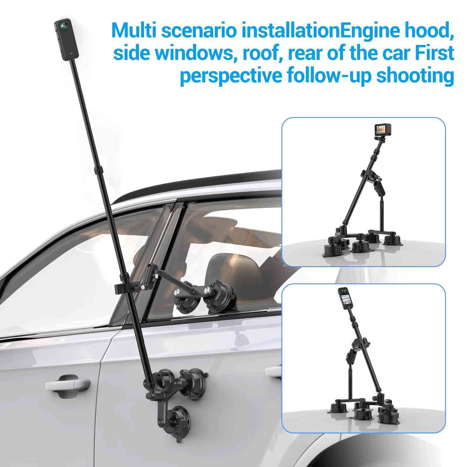 طقم حامل الشفط (Suction Mount) وعصا السيلفي للسيارات والكاميرات
تم تصميم هذا الطقم المتطور لتثبيت كاميرات الأكشن و 360 (مثل Insta360 و GoPro) على السيارة التقاط زوايا سينمائية استثنائية وبثبات تام.
✨ أبرز المميزات:
 ثبات فائق وممتص للصدمات: يحتوي على قاعدتي شفط قويتين (قاعدة ثلاثية ممتصة للاهتزاز وقاعدة ثنائية) للتثبيت المحكم على الزجاج أو هيكل السيارة.
 عصا سيلفي تلسكوبية (1.2 متر): مصنوعة من سبائك الألومنيوم المقوى لإخفاء العصا في تصوير 360 درجة.
 جودة تصنيع عالية: جميع الوصلات والمشابك مصنوعة من الألومنيوم المتين (Aluminum Alloy) لتحمل السرعات والظروف المختلفة.
 حرية التعديل 360 درجة: مفاصل كروية (Ball heads) لمختلف الزوايا للتصوير بسهولة.
📦 محتويات المجموعة:
 1× قاعدة شفط ثلاثية ممتصة للاهتزاز (Shock absorber three suction cup base)
 1× قاعدة شفط ثنائية (Double suction cup base)
 1× عصا سيلفي ألومنيوم تلسكوبية (1.2 متر)
 1× وصلة تمديد ألومنيوم (120 مم)
 1× محول كاميرا (Camera adapter)
 1× مجموعة مشابك ومفاصل كروية (Ball clamp, Pipe clamp, Gimbal)
 وصلات براغي قياسية 1/4 بوصة لتوافق شامل مع الكاميرات
📩 للطلب والاستفسار، يرجى التواصل معنا عبر الرسائل!

***********📞☎️

نص مكتوب في الصور:
- Multiple styles to match
- Multi scenario installationEngine hood, side windows, roof, rear of the car First perspective follow-up shooting
- Adopting shock-absorbing structure Can effectively reduce camera shake caused by bumps Shock absorber Camera shake Stable and unshakable
- Product list Shock absorber three suction cup base * 1 Double suction cup base * 1 1.2m aluminum alloy telescopic selfie stick * 1 120mm aluminum alloy extension rod * 1 Camera adapter * 1 Aluminum alloy ball clamp * 1 Aluminum alloy pipe clamp * 1 Aluminum alloy gimbal * 1 Bottom 1/4 screw ball head * 1 Top 1/4 screw ball head * 1