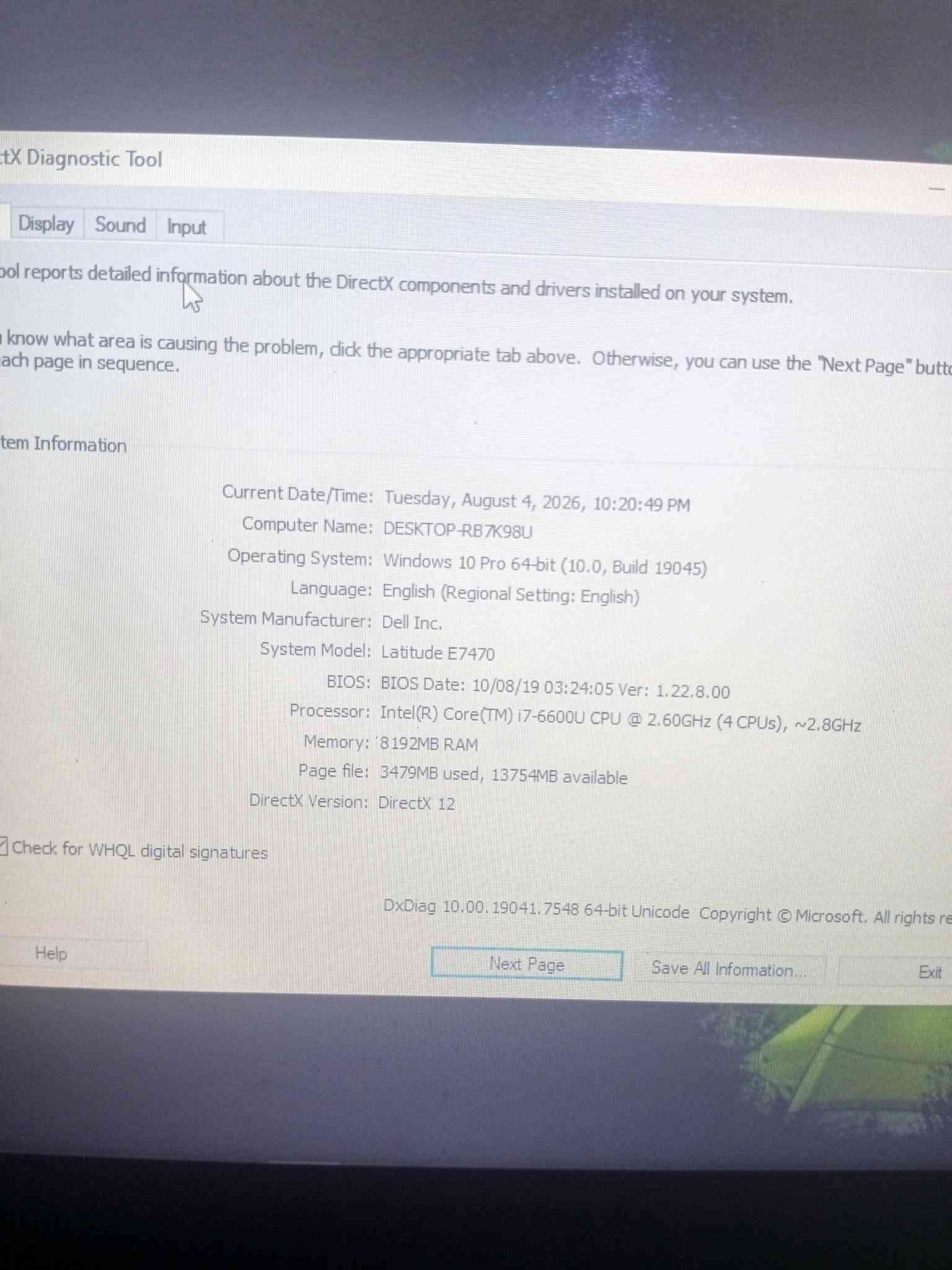 سلام عليكم 

حاسبة من نوع dell للبيع

اسم:dell latitude E7470

المعالج:Intel i7-6600 جيل سادس

رامات:8GB

كرت شاشة:intel HD 520 

مساحتها: 237GB

نظام تشغيل: WINDOWS 10 PRO

اريدها ب 225 قفل 

رقم ***********

نص مكتوب في الصور:
- 60 seconds Memory composition In use (Compressed) 3.7 GB (0 MB) Committed 3.7/16.8 GB Paged pool 337 MB Available 4.0 GB Cached 4.1 GB Non-paged pool 445 MB Speed: 2133 MHz Slots used: 1 of 2 Form factor: SODIMM Hardware reserved: 174 MB Resource Monitor
- About Your PC is monitored and protected. See details in Windows Security Installed RAM 8.00 GB Speed: 2133 MHz Processor Intel(R) Core(TM) i7-6600U CPU @ 2.60GHz 2.80 GHz Graphics Card 128 MB Intel(R) HD Graphics 520 Storage 238 GB 158 GB of 238 GB used DESKTOP-RB7K98U Latitude E7470 Rename this PC Device Specifications Copy Device Name DESKTOP-RB7K98U Processor Intel(R) Core(TM) i7-6600U CPU @ 2.60GHz 2.80 GHz Installed RAM 8.00 GB (7.83 GB usable) Graphics Card Intel(R) HD Graphics 520 (128 MB) Storage 238 GB SSD SAMSUNG SSD PM871b M.2 2280 256GB Device ID 51986BA3-6C56-4097-B831-61D0B277CB53 Product ID 00330-80000-00000-AA266
- DirectX Diagnostic Tool
- Display Sound Input
- ool reports detailed information about the DirectX components and drivers installed on your system.
- know what area is causing the problem, click the appropriate tab above. Otherwise, you can use the "Next Page" button each page in sequence.
- System Information
- Current Date/Time: Tuesday, August 4, 2026, 10:20:49 PM
- Computer Name: DESKTOP-RB7K98U
- Operating System: Windows 10 Pro 64-bit (10.0, Build 19045)
- Language: English (Regional Setting: English)
- System Manufacturer: Dell Inc.
- System Model: Latitude E7470
- BIOS: BIOS Date: 10/08/19 03:24:05 Ver: 1.22.8.00
- Processor: Intel(R) Core(TM) i7-6600U CPU @ 2.60GHz (4 CPUs), ~2.8GHz
- Memory: 8192MB RAM
- Page file: 3479MB used, 13754MB available
- DirectX Version: DirectX 12
- Check for WHQL digital signatures
- DxDiag 10.00.19041.7548 64-bit Unicode Copyright © Microsoft. All rights reserved.
- Help
- Next Page
- Save All Information...
- Exit
