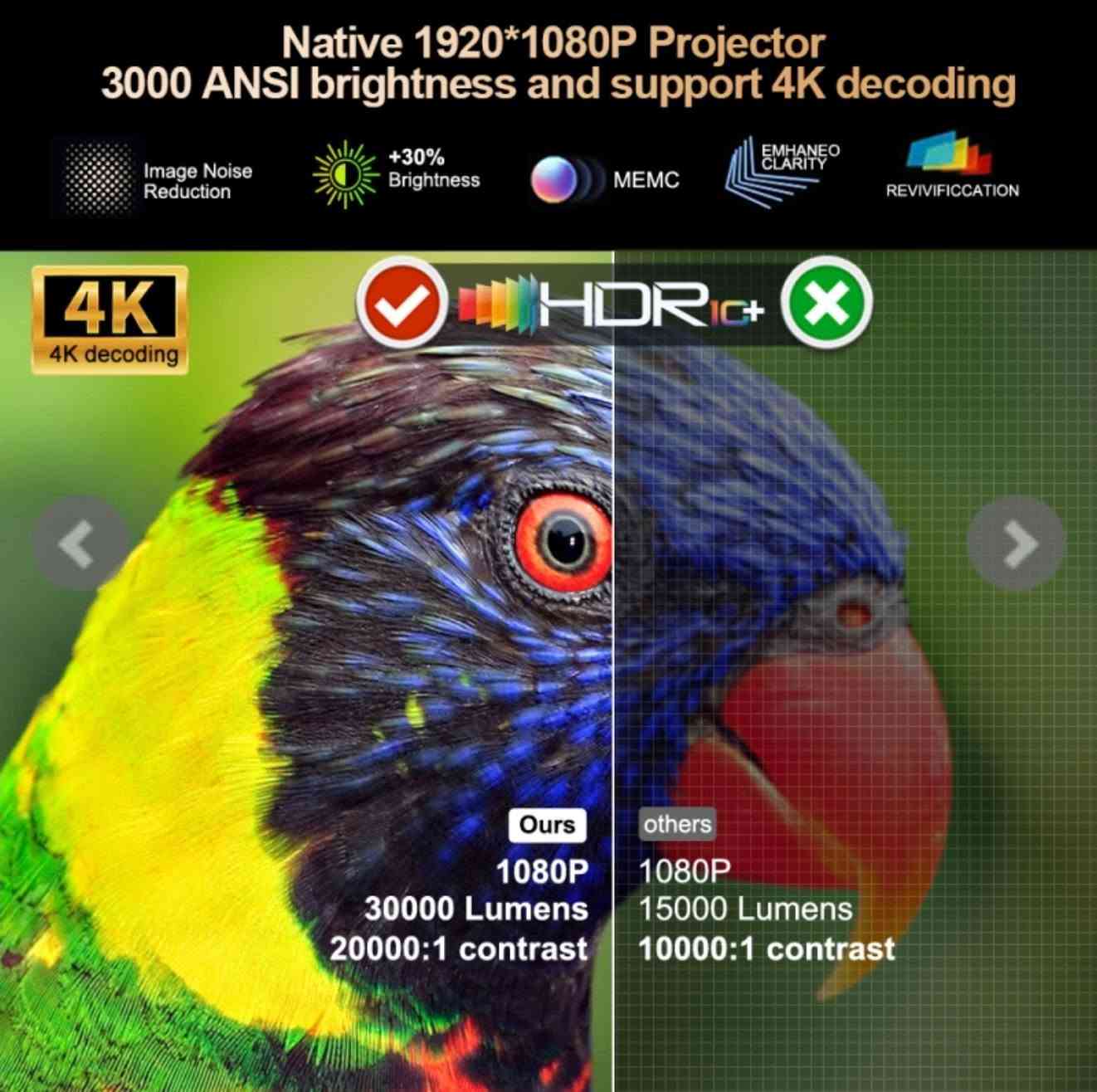 داتاشوو عملاق 3000Ansi 😍داتاشوو من شرکة ThundeaL نسخة TD98PRO
ThundeaL TD 98 Pro 
3000Ansi 
30000Lumens 
Google TV
Android TV
HDR 10 PLUS
یدعم خاصیة MEMC 😍
سماعاتة المحیطیة Dolby Audio 30W
100 الف ساعة عمرة عدسة
دقة نهاریة لایحتاج مکان مضلم 🤩
متوفر جدید غیر مستخدم 
الي یرید راسلني علی واتساب ; ***********
واحد من افضل و ارقی نوعیات داتاشوو ل کل العالم 😍

نص مكتوب في الصور:
- ThundeAL Home Stop Apps Click to speak 18:00 4K Support 2*15w Speaker Auto Focus 3000 Ansi Lumens Favourite apps NETFLIX prime video Google Play Store +
- ThundeaL 4K 4K decoding 2G+32G MEMC Support 3000 Ansi Lumens
- 15 Вт*2 динаміки. Захопливий 3D стереозвук. 15 Вт*2 DSP технологія Панорама VR на 360° 3D стерео Басова діафрагма
- ADVANTAGES OF TD98 PRO PROJECTOR 4K Support 20000:1 30000 Lumens/3000Ansi 1080P WiFi 6 BT 5.4 BT - Compatible 2+32G 100000 hours Long-Lasting Lamp Life Zoom 50%-100% MEMC HiFi Speaker 15W*2 HD 2.0 support HRD HD-ARC Auto Focus Auto keystone Intelligent obstacle avoidance Auto Curtain Entry
- Native 1920*1080P Projector 3000 ANSI brightness and support 4K decoding Image Noise Reduction +30% Brightness MEMC EMHANEO CLARITY REVIVIFICCATION 4K 4K decoding HDR IC+ Ours 1080P 30000 Lumens 20000:1 contrast others 1080P 15000 Lumens 10000:1 contrast