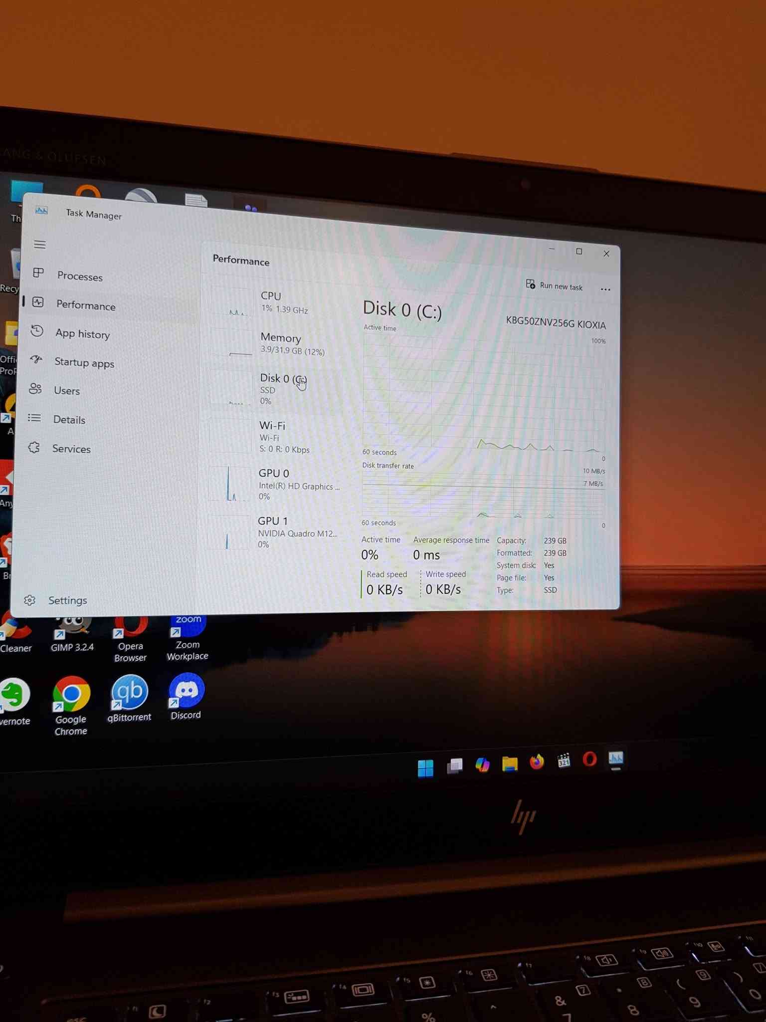 السلام عليكم 
متوفر لابتوب Hp ZBook مستخدم 
المواصفات 👇
Cpu: Core i7-7700HQ 
Ram: 32GB 
Hard: SSD 256GB 
Gpu: NVIDIA Quadro M1200 4GB 
16GB shared 
Screen: 15.6" 
Windows 11 Activated 
النظافة %95 
السعر 350 الف 
اي استفسار واتساب : ***********

نص مكتوب في الصور:
- Task Manager
- Processes
- Performance
- App history
- Startup apps
- Users
- Details
- Services
- Settings
- Run new task
- CPU
- 1%, 1.35 GHz
- Memory
- 3.9/31.9 GB (12%)
- In use
- Disk 0 (C:)
- SSD
- 0%
- Wi-Fi
- S: 0 R: 0 Kbps
- GPU 0
- Intel(R) HD Graphics...
- GPU 1
- NVIDIA Quadro M12...
- CPU Intel(R) Core(TM) i7-7700HQ CPU @ 2.80GHz
- % Utilization
- 100%
- 60 seconds
- Utilization
- 1%
- Speed
- 1.35 GHz
- Base speed:
- Sockets:
- Cores:
- 2.81 GHz
- 1
- 4
- 168
- Threads
- 1912
- Handles
- 68188
- Logical processors: 8
- Virtualization:
- Hyper-V support:
- Disabled
- Yes
- Up time
- 11:01:01:33
- L1 cache:
- L2 cache:
- L3 cache:
- 256 KB
- 1.0 MB
- 6.0 MB
- CCleaner
- GIMP 3.2.4
- Opera
- Browser
- Zoom
- Workplace
- Evernote
- Google
- Chrome
- qBitTorrent
- Discord
- 1% 1.35 GHz
- Intel(R) HD Graphics ...
- Memory usage
- 32.0 GB
- 31.9 GB
- 0
- Memory composition
- In use (Compressed)
- 3.6 GB (38.9 MB)
- Available
- 28.0 GB
- Speed:
- 2400 ...
- Slots used:
- 2 of 2
- Form factor:
- SODI...
- Committed
- 4.0/36.9 GB
- Cached
- 2.3 GB
- Hardware reserved:
- 125 ...
- Paged pool
- 221 MB
- Non-paged pool
- 222 MB
- 1% 1.39 GHz
- KBG50ZNV256G KIOXIA
- Disk transfer rate
- 0 MB/s
- 7 MB/s
- Active time
- Average response time
- 0 ms
- Capacity:
- Formatted:
- System disk:
- Page file:
- Type:
- 239 GB
- Read speed
- 0 KB/s
- Write speed
- Cleaner
- Task Manager Processes Performance App history Startup apps Users Details Services Settings Performance Run new task CPU 1% 1.47 GHz Memory 3.9/31.9 GB (12%) Disk 0 (C:) SSD 0% Wi-Fi Wi-Fi S: 0 R: 0 Kbps GPU 0 Intel(R) HD Graphics ... 0% GPU 1 NVIDIA Quadro M12... 0% GPU 3D 0% Copy 0% Video Decode 0% Video Processing 0% GPU Intel(R) HD Graphics 630 Shared GPU memory usage 15.9 GB Utilization 0% GPU Memory 0.2/15.9 GB Shared GPU memory 0.2/15.9 GB Driver version: 31.0.10... Driver date: 11/5/20... DirectX version: 12 (FL 1... Physical location: PCI bus ... GIMP 3.2.4 Opera Browser Zoom Workplace Google Chrome qBittorrent Discord