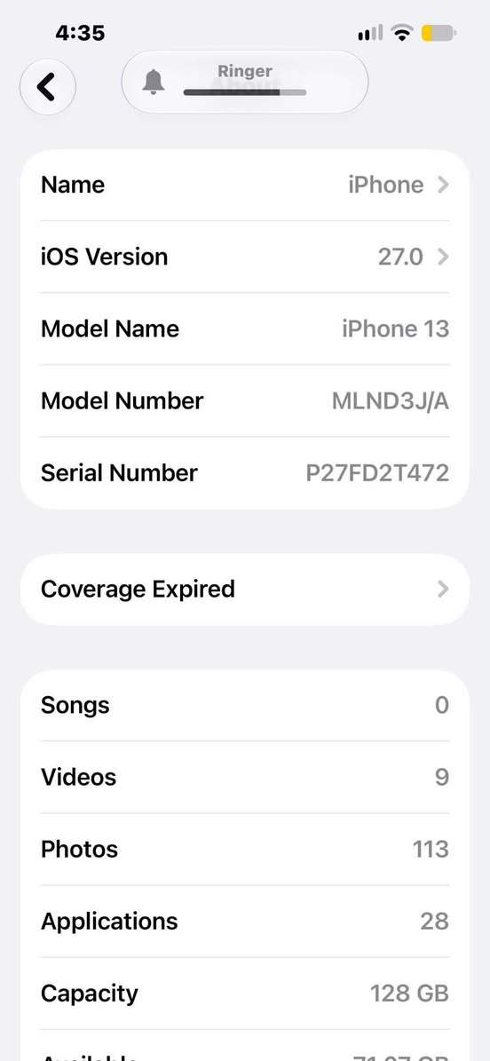 السلام عليكم
للبيع iPhone 13

• سعة 128GB
• يدعم 5G
• Face ID شغال
• الكاميرات كلها شغالة
• السماعات والمايك شغالات
• بطارية 81%
• الجهاز بحالة جيدة جداً
• يوجد خدش بسيط جداً بالشاشة
• iCloud مفتوح وجاهز للمستخدم الجديد
• بدون كارتون + مكفول من كلشي السعر 420وبي مجال لل شراي

للاستفسار مراسلة واتساب فقط ***********

نص مكتوب في الصور:
- 4:35
- Battery Health & Charging
- Batteries, are consumable components that become less effective as they age.
- Learn more...
- Maximum Capacity
- 81%
- This is a measure of battery capacity relative to when it was new. Lower capacity may result in fewer hours of usage between charges.
- Peak Performance Capability
- Built-in dynamic software and hardware systems will help counter performance impacts that may be noticed as your iPhone battery chemically ages.
- Optimized Battery Charging
- To reduce battery aging, iPhone learns from your daily charging routine so it can wait to finish charging past 80% until you need to use it.
- Clean Energy Charging
- In your region, iPhone will try to reduce your carbon footprint by selectively charging when lower carbon emission electricity is
- 4:35 Ringer Name iPhone > iOS Version 27.0 > Model Name iPhone 13 Model Number MLND3J/A Serial Number P27FD2T472 Coverage Expired Songs 0 Videos 9 Photos 113 Applications 28 Capacity 128 GB