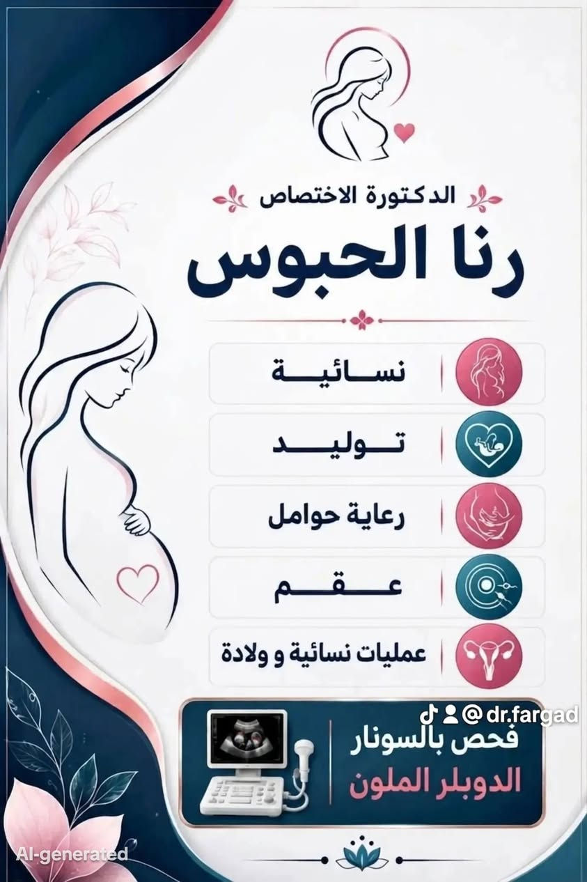 ✨ تتواجد اليوم بمراجعة ٥ الاف فقط تشمل السونار ✨
🌸 الدكتورة رنا الحبوس 
🩺 نسائية / رعاية حوامل / فحص بالسونار
📍 النهروان – سوق الأولى _ قرب شارع ٦٠ 
مجمع العون الطبي
📞 للحجز والاستفسار
***********
🤍 أهلاً وسهلاً بكم
#النهروان #الشمري #شارع_المواكب #سوق

نص مكتوب في الصور:
- مجمع العون الطبي بشرى سارة لاهالي نهروان والعوائل المتعففة ان يوم السبت سوف تكون اجور المعاينة ( الكشفية ) خمس الاف فقط الدكتورة رنا الحبوس رعاية... حوامل... نسائية... توليد في مستشفى بغداد التعليمي مدينة الطب صحتك... مستقبل آمن @dr.fargad علما الدكتورة تتواجد من ٣ إلى ٧ مساءأ والحجز مفتوح من الان
- الدكتورة الاختصاص رنا الحبوس نسائية توليد رعاية حوامل عقم عمليات نسائية و ولادة @dr.fargad فحص بالسونار الدوبلر الملون AI-generated
- الدكتورة الاختصاص رنا الحبوس نسائية توليد رعاية حوامل عقم عمليات نسائية و ولادة فحص بالسونار الدوبلر الملون dr.fargad Al-generated