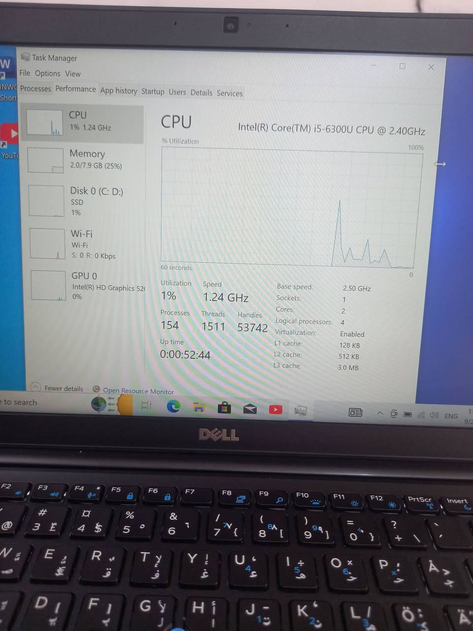 لابتوب دل 7480 dell
المعالج كور اي 5 الجيل 6
الهارد    256 ssd 
الرام 8.  ddr4 
كارت الشاشة  4  شير 
حجم الشاشة  14 
الشاحنة اصلية 
يحتوي على منفذ تايب سي للشحن او نقل البيانات
نظام التشغيل ويندوز 10 عربي انكليزي 
الملحقات شاحنة وجنطة 
السعر  190
***********
***********
يوجد توصيل

متوفر 
تتوفر مجموعة لابتوبات بأسعار مناسبة ومواصفات

نص مكتوب في الصور:
- About Your PC is monitored and protected. See details in Windows Security Device specifications Device name DESKTOP-T5RT2CS Processor Intel(R) Core(TM) i5-6300U CPU @ 2.40GHz 2.50 GHz Installed RAM 8.00 GB (7.89 GB usable) Device ID 1D609802-1144-414D-BE41-87BAACCF46AB Product ID 00330-51182-94916-AAOEM System type 64-bit operating system, x64-based processor Pen and touch No pen or touch input is available for this display Copy Rename this PC
- Task Manager File Options View Processes Performance App history Startup Users Details Services Short CPU 1% 1.24 GHz Memory 2.0/7.9 GB (25%) Disk 0 (C: D:) SSD 1% Wi-Fi Wi-Fi S: 0 R: 0 Kbps GPU 0 Intel(R) HD Graphics 520 0% CPU Intel(R) Core(TM) i5-6300U CPU @ 2.40GHz % Utilization 100% 60 seconds 0 Utilization 1% Speed 1.24 GHz Base speed: 2.50 GHz Sockets: 1 Cores: 2 Processes 154 Threads 1511 Handles 53742 Logical processors: 4 Virtualization: Enabled Up time L1 cache: 128 KB 0:00:52:44 L2 cache: 512 KB L3 cache: 3.0 MB Fewer details Open Resource Monitor ENG
- Task Manager File Options View Processes Performance App history Startup Users Details Services CPU 3% 1.13 GHz Memory 2.0/7.9 GB (25%) Disk 0 (C: D:) SSD 2% Wi-Fi Wi-Fi S: 8.0 R: 88.0 Kbps GPU 0 Intel(R) HD Graphics 520 0% Disk 0 (C: D:) SAMSUNG MZVLW256HEHP-000L7 Active time 100% 60 seconds Disk transfer rate 0 100 KB/s 60 seconds 0 Active time 2% Average response time 5.1 ms Read speed 36.2 KB/s Write speed 185 KB/s Capacity: 239 GB Formatted: 239 GB System disk: Yes Page file: Yes Type: SSD Fewer details Open Resource Monitor here to search ENG 1:21 AM 9/22/2026
- Task Manager File Options View Processes Performance App history Startup Users Details Services GPU Intel(R) HD Graphics 520 CPU 1% 0.93 GHz Memory 2.0/7.9 GB (25%) Disk 0 (C: D:) SSD 0% Wi-Fi Wi-Fi S: 0 R: 0 Kbps GPU 0 Intel(R) HD Graphics 52 1% 3D 1% Copy 0% Video Decode 0% Video Processing 0% Shared GPU memory usage 3.9 GB Utilization 1% GPU Memory 0.1/3.9 GB Shared GPU memory 0.1/3.9 GB Driver version: 30.0.101.1338 Driver date: 1/20/2022 DirectX version: 12 (FL 12.1) Physical location: PCI bus 0, d... Fewer details Open Resource Monitor Type here to search 1:22 AM 9/22/2026