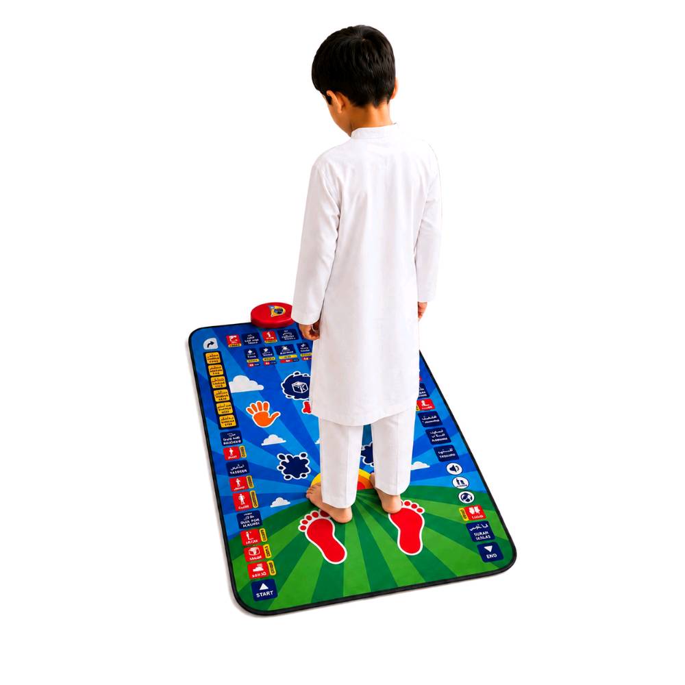 سجادة الصلاة التعليمية التفاعلية للأطفال – Educational Prayer Mat

• سجادة صلاة تعليمية تفاعلية تساعد الأطفال على تعلم الصلاة ومراحلها بطريقة سهلة وممتعة.

• تحتوي على 36 زر لمس حساس للتفاعل والتعلم.

• تدعم 7 لغات: العربية، الإنجليزية، الفرنسية، الأردية، الماليزية، التركية، والإندونيسية.

• تعليم الوضوء، الأذان، السور، الأدعية، أوقات الصلاة ووضعيات الصلاة

• مزودة بحساسات للرأس والأنف واليدين والركبتين والقدمين والساقين.

• مستوى صوت قابل للتعديل مع 3 درجات صوت.

• مقاومة للماء وقابلة للطي لسهولة الاستخدام والتخزين.

• نوع المنتج: Educational Prayer Mat
• عدد أزرار اللمس: 36 زر حساس
• عدد اللغات: 7 لغات
• مقاس السجادة: 114 × 73 سم
• وزن السجادة: 720 غرام
• مصدر الطاقة: 3 بطاريات AA
• مستويات الصوت: 3 مستويات
• مقاومة للماء
• قابلة للطي
• مادة مقاومة للحريق

محتويات العلبة:
• سجادة الصلاة التعليمية التفاعلية
• كتاب أنشطة الصلاة (Prayer Activity Book)
• علبة المنتج وتعليمات الاستخدام الموجودة معها