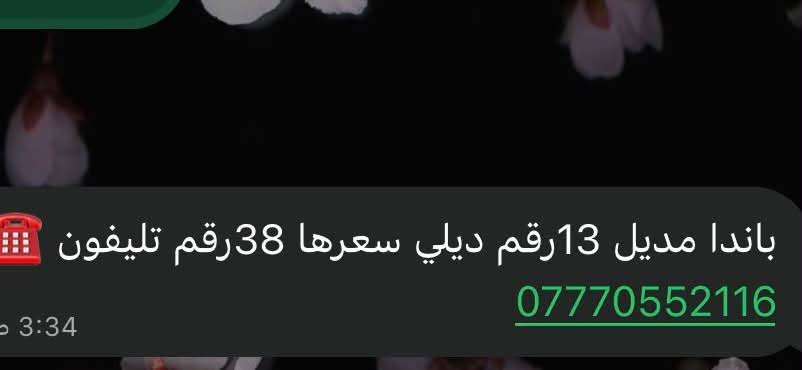 لا توجد تفاصيل

نص مكتوب في الصور:
- باندا مديل 13رقم ديلي سعرها 38رقم تليفون ***********