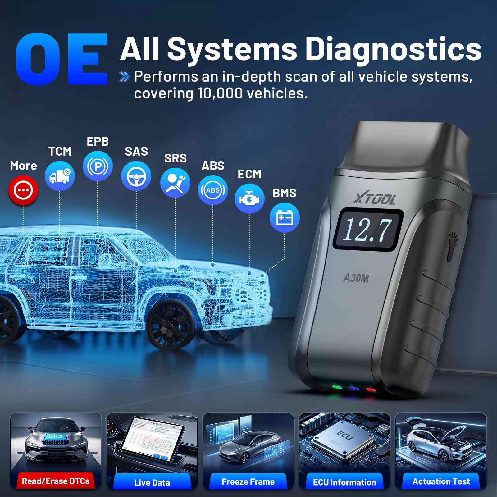 اداة الفحص الاحترافيه
Xtool a30m
🛠️ الوظائف والمميزات البرمجية (Software & Functions)
• فحص كامل لجميع الأنظمة بمستوى الوكالة (OE-Level): يدعم الوصول وقراءة/مسح الأكواد لجميع الأنظمة المتاحة في السيارة مثل: المحرك، ناقل الحركة (الكير)، الماكينة، الإيرباج (SRS)، نظام الفرامل (ABS)، التكييف (HVAC) وغيرها.
• التحكم ثنائي الاتجاه (Bi-Directional Control / Active Tests): إمكانية إرسال أوامر مباشرة من التطبيق إلى كمبيوتر السيارة لاختبار القطع كتشغيل مضخة الوقود، اختبار مراوح التبريد، فتح وإغلاق النوافذ والفتحة، واختبار نظام التبخير (EVAP).
• أكثر من 26 وظيفة صيانة خاصة (Reset Services): وتشمل برمجة الجويتر/الثروتل، إعادة ضبط الزيت، برمجة الفرامل الإلكترونية (EPB)، برمجة حساس المقود (SAS)، تفريغ هواء الفرامل (ABS Bleeding)، وتشفير البخاخات (Injector Coding)، وغيرها.
• تحديثات مجانية مدى الحياة: لا يتطلب اشتراكاً سنوياً لتحديث برامج السيارات.
• دعم البروتوكولات الحديثة: الإصدار الجديد V2.0 يدعم بروتوكول CAN FD (لسيارات GM الحديثة بعد 2020) ودخول FCA AutoAuth (لسيارات فيات، كرايسلر، جيب، ودودج الحديثة).
• رسم بياني للبيانات الحية: يدعم دمج وعرض حتى 8 تدفقات بيانات حية (Live Data) في وقت واحد لمراقبة أداء الحساسات.
• دعم لغات متعددة: يدعم التطبيق الخاص به اللغة العربية والإنجليزية وغيرها

نص مكتوب في الصور:
- OE All Systems Diagnostics » Performs an in-depth scan of all vehicle systems, covering 10,000 vehicles. More TCM EPB SAS SRS ABS ECM BMS Read/Erase DTCs Live Data Freeze Frame ECU Information Actuation Test