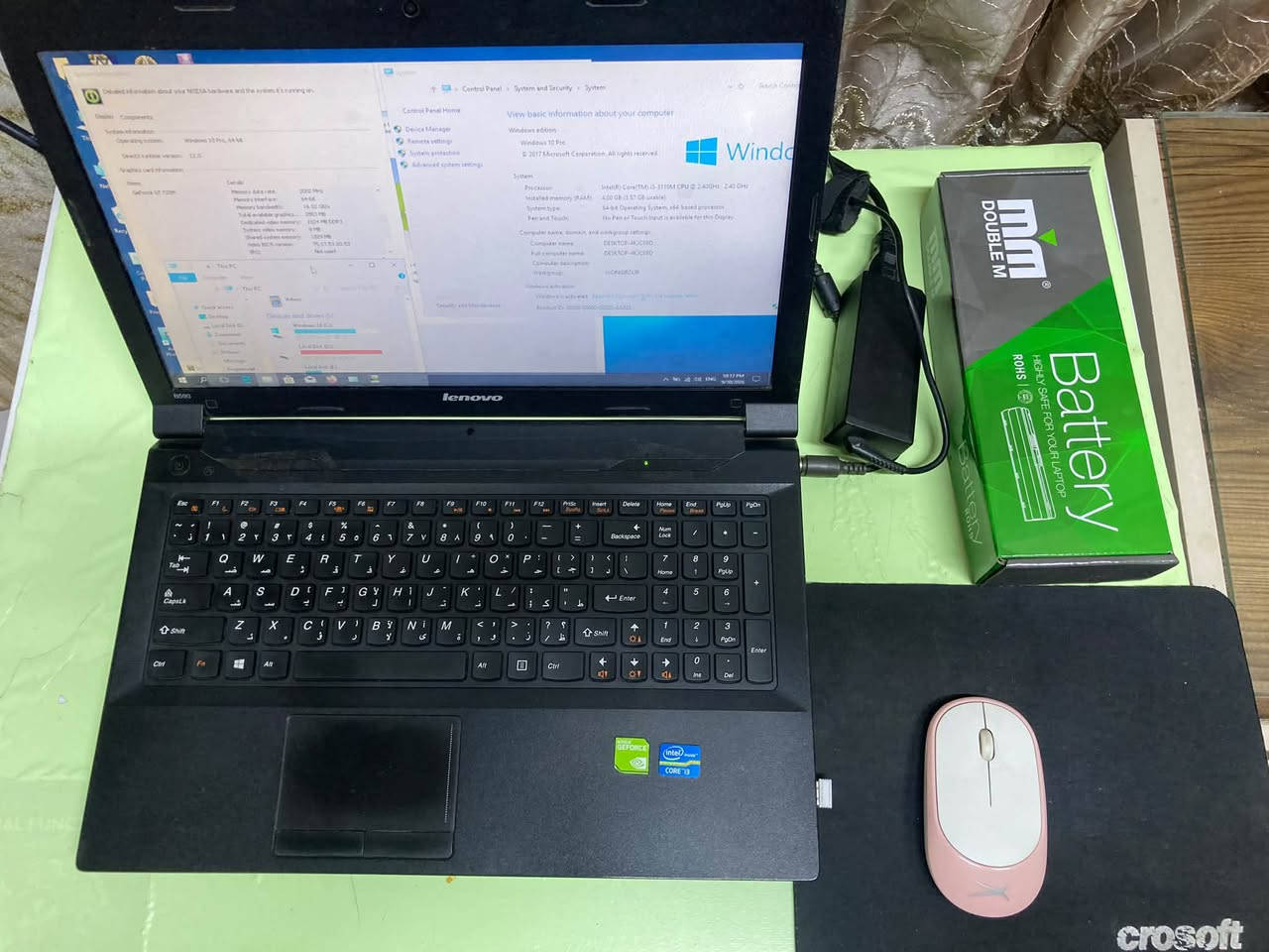 السلام عليكم 
لاب توب لينوفو  مستعملة للبيع موديل B590

السعر : 130 الف

المواصفات 
المعالج :core i3 3110 m 
الرام : 4GB
كارت الشاشة خارجي : 1GB Nividia 
الهارد : SSD 256 GB
الواي فاي : يعمل 
البلوتوث : يعمل 
الصوت : يعمل 
الكامرة : تعمل 
البطارية الحالية : تعمل نصف ساعة 
البطارية الاضافية  : جديدة 
الشاشة : تعمل 
الشاحنة : تعمل 
الكيبورد والماوس : يعمل 
المخارج : تعمل USB -HDMI - VGA 
نظام التشغيل : windows10 

الملحقات 
ماوس واير ليس 
باد ماوس 

الاضرار : لاتوجد 

السعر  130   الف 

للتواصل واتساب : ***********

نص مكتوب في الصور:
- System Information Detailed information about your NVIDIA hardware and the system it's running on. Display Components System information Operating system: Windows 10 Pro, 64-bit DirectX runtime version: 12.0 Graphics card information Items Details GeForce GT 720M Memory data rate: 2002 MHz Memory interface: 64-bit Memory bandwidth: 16.02 GB/s Total available graphics ... 2853 MB Dedicated video memory: 1024 MB DDR3 System video memory: 0 MB Shared system memory: 1829 MB Video BIOS version: 75.17.53.00.53 IRQ: Not used This PC File Computer View Search This PC Quick access Desktop Local Disk (C:) Downloads Documents Pictures Messages Programs64 Videos Devices and drives (5) Windows 10 (C:) 28.1 GB free of 100 GB Local Disk (D:) 2.01 GB free of 64.9 GB Local Disk (E:) Control Panel Control Panel Home Device Manager Remote settings System protection Advanced system settings View basic information about your computer Windows edition Windows 10 Pro (C) 2017 Microsoft Corporation. All rights reserved. System Processor: Intel(R) Core(TM) i3-3110M CPU @ 2.40GHz 2.40 GHz Installed memory (RAM): 4.00 GB (3.57 GB usable) System type: 64-bit Operating System, x64-based processor Pen and Touch: No Pen or Touch Input is available for this Display Computer name, domain, and workgroup settings Computer name: DESKTOP-4KJC09D Full computer name: DESKTOP-4KJC09D Computer description: Workgroup: WORKGROUP Windows activation Windows is activated Read the Microsoft Software License Terms Product ID: 00330-80000-00000-AA926 See also Security and Maintenance 10:17 PM 9/30/2026 ENG
