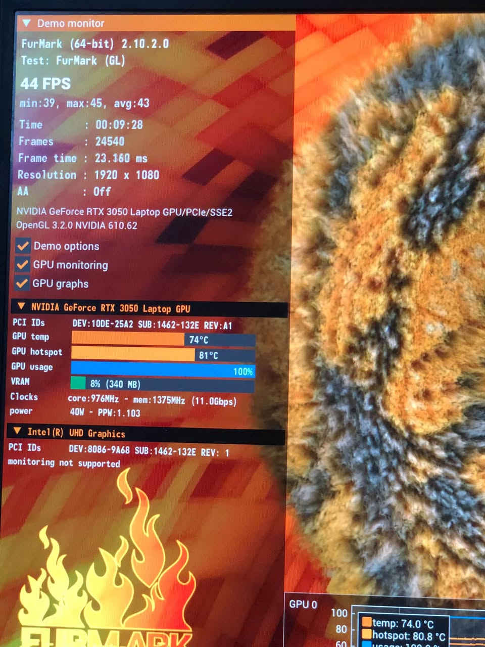 ادمن وافق 🌷
اسلام عليكم 
لابتوب msi gf63🔺
🔻i5 11400h
🔺ram16 ddr4 3200
🔻ssd512 
🔺Rtx 3050 4g
🔻144hz
🔹الابتوب نضيفه ومكفوله من الشخوط والكسور 
🔹حراره الكرت جداً طبيعيه 
🔹سعره ٨١٥ الف🔥
🔹مكاني الموصل 
🔹ضمان ٣ ايام (فقط ب موصل)
🔹موجود توصيل 

🔻تواصل🔺
 خاص 📩
واتس ***********✉️
خط ***********📞📱

نص مكتوب في الصور:
- Demo monitor FurMark (64-bit) 2.10.2.0 Test: FurMark (GL) 44 FPS min:39, max:45, avg:43 Time : 00:09:28 Frames : 24540 Frame time : 23.160 ms Resolution : 1920 x 1080 AA : Off NVIDIA GeForce RTX 3050 Laptop GPU/PCIe/SSE2 OpenGL 3.2.0 NVIDIA 610.62 Demo options GPU monitoring GPU graphs NVIDIA GeForce RTX 3050 Laptop GPU PCI IDs DEV:10DE-25A2 SUB:1462-132E REV:A1 GPU temp 74°C GPU hotspot 81°C GPU usage 100% VRAM 8% (340 MB) Clocks core:976MHz - mem:1375MHz (11.0Gbps) power 40W - PPW:1.103 Intel(R) UHD Graphics PCI IDs DEV:8086-9A68 SUB:1462-132E REV: 1 monitoring not supported GPU 0 100 80 60 temp: 74.0 °C hotspot: 80.8 °C