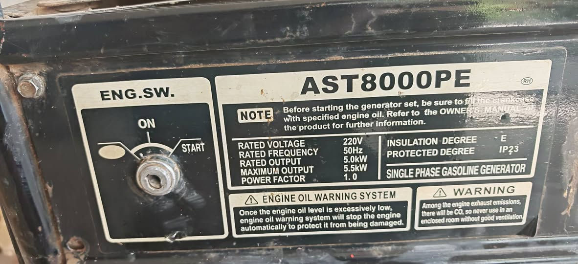 مولدة استرا (ASTRA) مستعملة للبيع
​الموديل: AST8000PE
​النوع: مولدة بنزين - سنجل فيز (Single Phase)
​القدرة : 20 أمبير
​
​نظام الحماية: مزودة بنظام حماية وإطفاء تلقائي عند نقص الزيت

​الحالة التشغيلية: المحرك شغّال وبدون مشاكل، ولكن تحتاج إلى كارت ، ولا تعمل على البطارية (تشغيل يدوي/هندل).
​الموقع: بغداد
​السعر اشتريناها ب 750
رايدها ب 300 و بيها مجال
تواصل خاص او ***********
