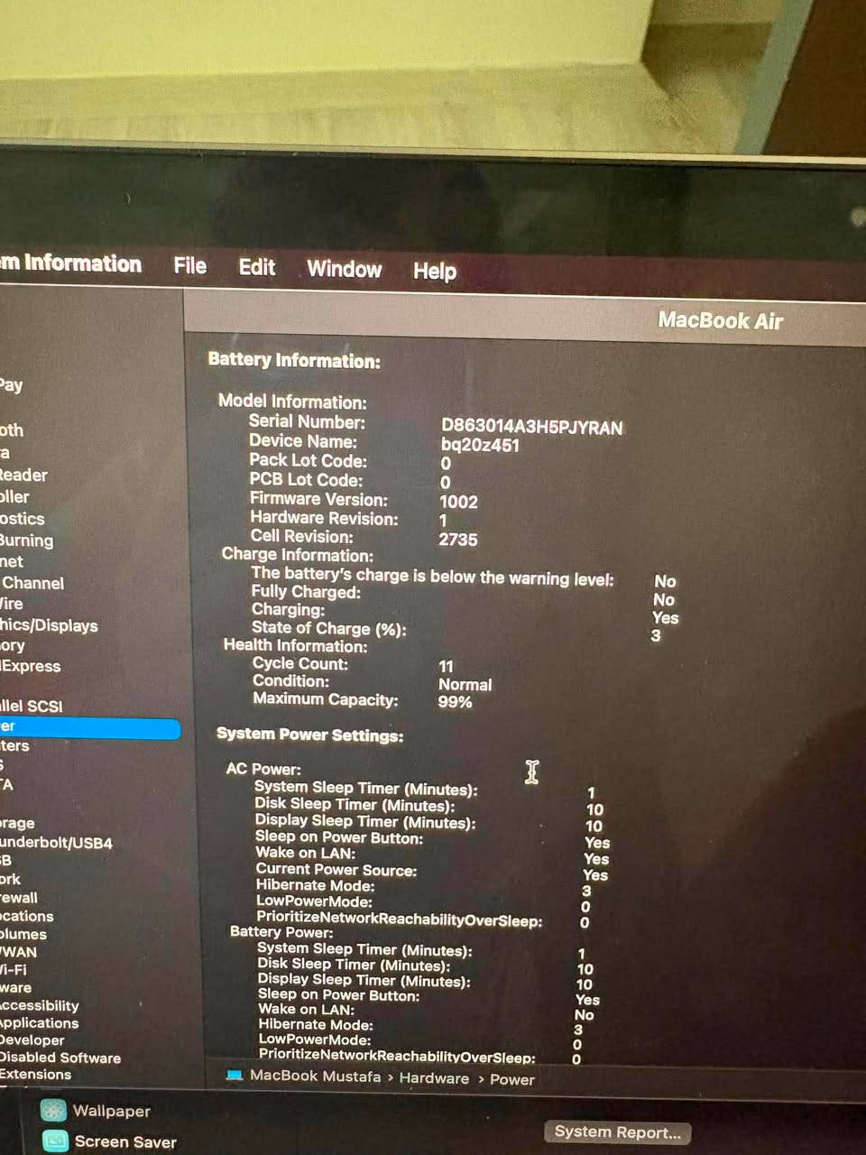 #متوفر_مستخدم
MacBook Air M1 13inch
Ram 8
Hard 256
Cycle 11
Battery 99% 🔥🔥
كامل الملحقات 
نظافة 100% على وضع الشركة 
السعر 835,000
يتوفر توصيل 🚚 
للاستفسار والاتصال على الرقم

***********

