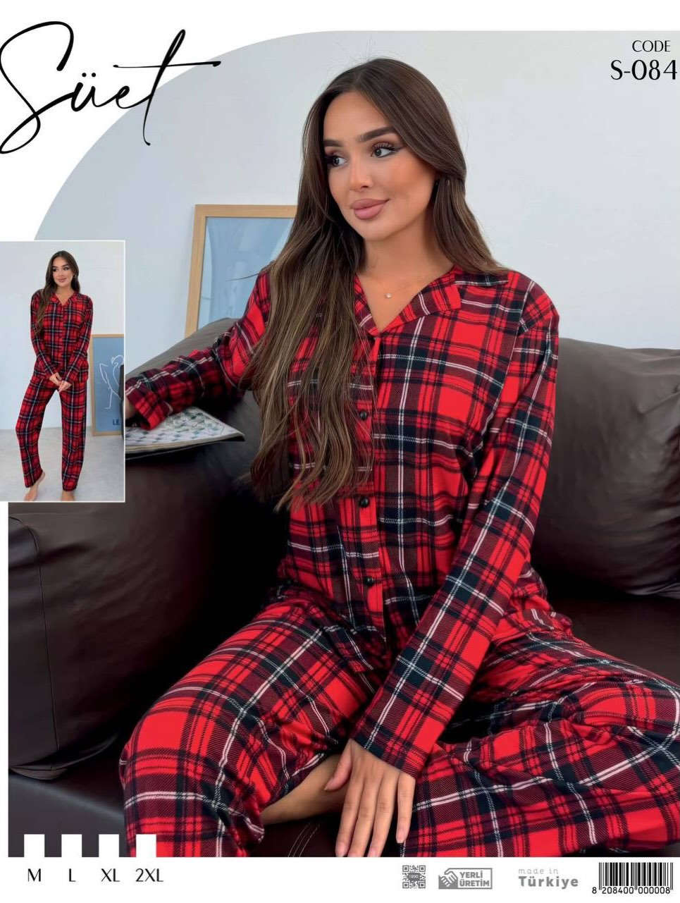 

نص مكتوب في الصور:
- Süet
- CODE
- S-084
- M L XL 2XL
- YERLİ ÜRETİM
- made in Türkiye
- 8 208400 000008
- Aibaolei 艾宝蕾 款号: 3328-3# 面料: 拉架仿棉 码数: XL.XXL 颜色: 灰.大红.黑
- 诗妮乐
- 8.203# XL-3XL
- 拉架仿棉
- 限时赶• 面料:舒欣棉(一捆6套)颜色:蓝色/绿色/枣红