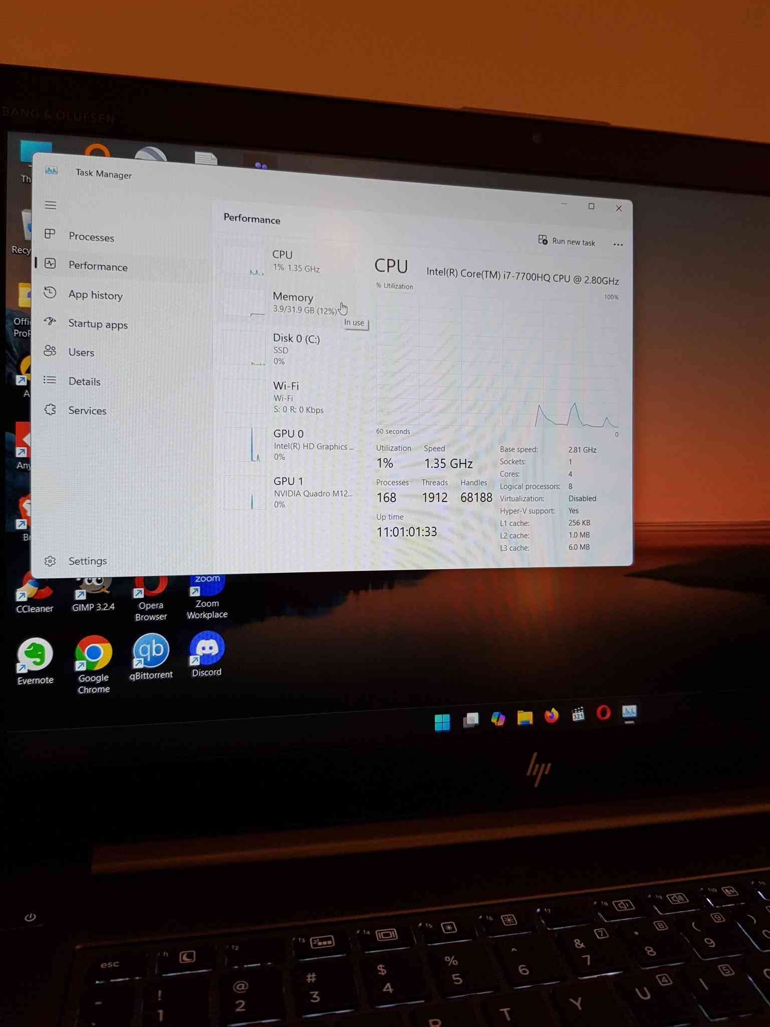 السلام عليكم 
متوفر لابتوب Hp ZBook مستخدم 
المواصفات 👇
Cpu: Core i7-7700HQ 
Ram: 32GB 
Hard: SSD 256GB 
Gpu: NVIDIA Quadro M1200 4GB 
16GB shared 
Screen: 15.6" 
Windows 11 Activated 
النظافة %95 
السعر 350 الف 
اي استفسار واتساب : ***********

نص مكتوب في الصور:
- Task Manager
- Processes
- Performance
- App history
- Startup apps
- Users
- Details
- Services
- Settings
- Run new task
- CPU
- 1%, 1.35 GHz
- Memory
- 3.9/31.9 GB (12%)
- In use
- Disk 0 (C:)
- SSD
- 0%
- Wi-Fi
- S: 0 R: 0 Kbps
- GPU 0
- Intel(R) HD Graphics...
- GPU 1
- NVIDIA Quadro M12...
- CPU Intel(R) Core(TM) i7-7700HQ CPU @ 2.80GHz
- % Utilization
- 100%
- 60 seconds
- Utilization
- 1%
- Speed
- 1.35 GHz
- Base speed:
- Sockets:
- Cores:
- 2.81 GHz
- 1
- 4
- 168
- Threads
- 1912
- Handles
- 68188
- Logical processors: 8
- Virtualization:
- Hyper-V support:
- Disabled
- Yes
- Up time
- 11:01:01:33
- L1 cache:
- L2 cache:
- L3 cache:
- 256 KB
- 1.0 MB
- 6.0 MB
- CCleaner
- GIMP 3.2.4
- Opera
- Browser
- Zoom
- Workplace
- Evernote
- Google
- Chrome
- qBitTorrent
- Discord
- 1% 1.35 GHz
- Intel(R) HD Graphics ...
- Memory usage
- 32.0 GB
- 31.9 GB
- 0
- Memory composition
- In use (Compressed)
- 3.6 GB (38.9 MB)
- Available
- 28.0 GB
- Speed:
- 2400 ...
- Slots used:
- 2 of 2
- Form factor:
- SODI...
- Committed
- 4.0/36.9 GB
- Cached
- 2.3 GB
- Hardware reserved:
- 125 ...
- Paged pool
- 221 MB
- Non-paged pool
- 222 MB
- 1% 1.39 GHz
- KBG50ZNV256G KIOXIA
- Disk transfer rate
- 0 MB/s
- 7 MB/s
- Active time
- Average response time
- 0 ms
- Capacity:
- Formatted:
- System disk:
- Page file:
- Type:
- 239 GB
- Read speed
- 0 KB/s
- Write speed
- Cleaner
- Task Manager Processes Performance App history Startup apps Users Details Services Settings Performance Run new task CPU 1% 1.47 GHz Memory 3.9/31.9 GB (12%) Disk 0 (C:) SSD 0% Wi-Fi Wi-Fi S: 0 R: 0 Kbps GPU 0 Intel(R) HD Graphics ... 0% GPU 1 NVIDIA Quadro M12... 0% GPU 3D 0% Copy 0% Video Decode 0% Video Processing 0% GPU Intel(R) HD Graphics 630 Shared GPU memory usage 15.9 GB Utilization 0% GPU Memory 0.2/15.9 GB Shared GPU memory 0.2/15.9 GB Driver version: 31.0.10... Driver date: 11/5/20... DirectX version: 12 (FL 1... Physical location: PCI bus ... GIMP 3.2.4 Opera Browser Zoom Workplace Google Chrome qBittorrent Discord