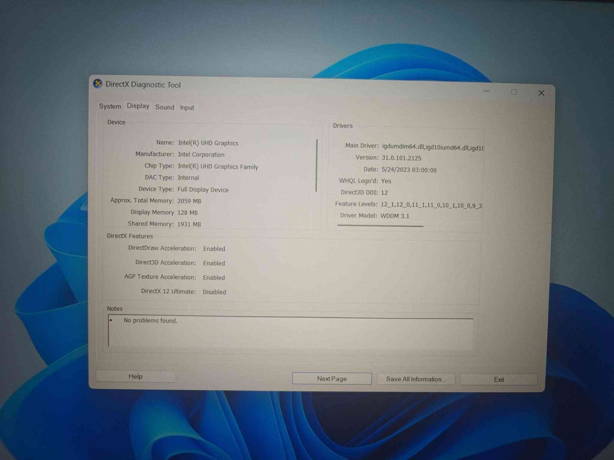💻 Dell Vostro 3501 – الجيل العاشر
💰 السعر: 270 ألف 
✨ لابتوب عملي ونظيف، مناسب للدراسة والعمل والاستخدام اليومي
🔹 المعالج: Intel Core i3-1005G1 – الجيل العاشر
🔹 الرام: RAM:4GB
🔹 التخزين: SSD 256GB
🔹 كرت الشاشة: Intel UHD Graphics
🔹 الشاشة: 15.6 إنج

📌 يناسب: الدراسة، الأوفيس، التصفح، المحاضرات، مشاهدة الأفلام والاستخدام اليومي.

🎁 مع حقيبة لابتوب
🚚 توصيل لجميع المحافظات
📞 اتصال: ***********
📱 واتساب: ***********

نص مكتوب في الصور:
- DirectX Diagnostic Tool
- System Display Sound Input
- This tool reports detailed information about the DirectX components and drivers installed on your system.
- If you know what area is causing the problem, click the appropriate tab above. Otherwise, you can use the "Next Page" button below to visit each page in sequence.
- System Information
- Current Date/Time: Sunday, September 27, 2026, 8:44:33 PM
- Computer Name: DESKTOP-G2S56KJ
- Operating System: Windows 11 Pro 64-bit (10.0, Build 26200)
- Language: English (Regional Setting: English)
- System Manufacturer: Dell Inc.
- System Model: Vostro 3501
- BIOS: 1.43.0
- Processor: Intel(R) Core(TM) i3-1005G1 CPU @ 1.20GHz (4 CPUs), ~1.2GHz
- Memory: 4096MB RAM
- Page file: 3117MB used, 2154MB available
- DirectX Version: DirectX 12
- Check for WHQL digital signatures
- DxDiag 10.00.26100.7920 64-bit Unicode Copyright © Microsoft. All rights reserved.
- Help
- Next Page
- Save All Information...
- Exit
- DirectX Diagnostic Tool System Display Sound Input Device Name: Intel(R) UHD Graphics Manufacturer: Intel Corporation Chip Type: Intel(R) UHD Graphics Family DAC Type: Internal Device Type: Full Display Device Approx. Total Memory: 2059 MB Display Memory: 128 MB Shared Memory: 1931 MB DirectX Features DirectDraw Acceleration: Enabled Direct3D Acceleration: Enabled AGP Texture Acceleration: Enabled DirectX 12 Ultimate: Disabled Drivers Main Driver: igdumdim64.dll,igd10iumd64.dll,igd10 Version: 31.0.101.2125 Date: 5/24/2023 03:00:00 WHQL Logo'd: Yes Direct3D DDI: 12 Feature Levels: 12_1,12_0,11_1,11_0,10_1,10_0,9_3 Driver Model: WDDM 3.1 Notes No problems found. Help Next Page Save All Information... Exit