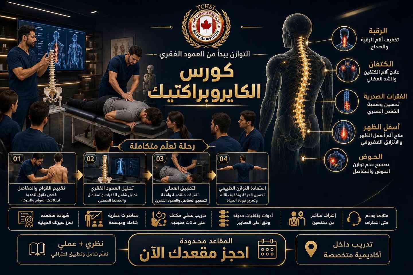 🌿 المركز الكندي للتدريب والتطوير الطبي
يقدم لكم

🎓 الدبلوم الشامل في الطب الشمولي

✨ 5 علوم تدريبية في برنامج واحد
لتطوير مهاراتك وتوسيع خبرتك في مجالات الطب التكميلي والشمولي.

📚 محاور الدبلوم:

🔹 العلاج الطبيعي
أساسيات التأهيل والعلاج الحركي والتعامل مع المشكلات العضلية والحركية.

🔹 الحجامة العلمية
أنواع الحجامة، أسس التطبيق، مواضع الحجامة، الموانع واحتياطات السلامة.

🔹 الكايروبراكتيك
مبادئ التعامل مع الجهاز العضلي الهيكلي وتقنيات التطبيق ضمن التدريب الآمن.

🔹 التغذية العلاجية
أساسيات التغذية وتصميم الأنظمة الغذائية وفق الاحتياجات المختلفة.

🔹 الإبر الصينية
المبادئ الأساسية للوخز بالإبر واستخداماته ضمن الطب التكميلي.

💎 تدريب نظري وعملي
📌 محتوى تدريبي متكامل
📌 تطبيقات عملية
📌 بإشراف مدربين مختصين

🚀 طوّر مهاراتك… وسّع معرفتك… وابدأ خطوتك نحو مستقبل مهني أفضل.

📍 موقع المركز:
بغداد – الأعظمية – شارع المغرب
📌 مقابل الفنون الموسيقية – الطابق الثاني

📞 للحجز والاستفسار:
***********

🔥 المقاعد محدودة — بادر بالحجز الآن
