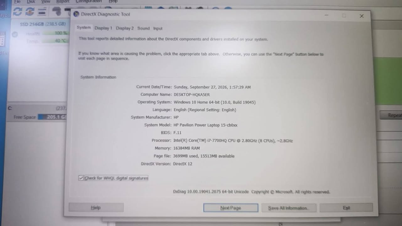 HP Pavilion Power 15 | Gaming
💻 جهاز مناسب للألعاب والتصميم

🔹 المواصفات التقنية:

🧠 المعالج: Intel Core i7-7700HQ – الجيل السابع

🎮 كرت الشاشة: NVIDIA GeForce GTX 1050 Ti – 4GB DDR4

🧠 الرام: 16GB DDR4

💾 التخزين: 256GB SSD

🖥️ الشاشة: 15.6 بوصة

📺 الدقة: Full HD (1920×1080)

🪟 نظام التشغيل: Windows 10 Pro

نظافه 95% 

🎒 المرفقات:

- جنطة 
- شاحن أصلي

للاستفسار تواصل واتساب ***********

نص مكتوب في الصور:
- File Disk View Report Configuration Help DirectX Diagnostic Tool System Display 1 Display 2 Sound Input This tool reports detailed information about the DirectX components and drivers installed on your system. If you know what area is causing the problem, click the appropriate tab above. Otherwise, you can use the "Next Page" button below to visit each page in sequence. System Information Current Date/Time: Sunday, September 27, 2026, 1:57:29 AM Computer Name: DESKTOP-HQKA5ER Operating System: Windows 10 Home 64-bit (10.0, Build 19045) Language: English (Regional Setting: English) System Manufacturer: HP System Model: HP Pavilion Power Laptop 15-cb0xx BIOS: F.11 Processor: Intel(R) Core(TM) i7-7700HQ CPU @ 2.80GHz (8 CPUs), ~2.8GHz Memory: 16384MB RAM Page file: 3699MB used, 15513MB available DirectX Version: DirectX 12 Check for WHQL digital signatures DxDiag 10.00.19041.2075 64-bit Unicode Copyright © Microsoft. All rights reserved. Help Next Page Save All Information Exit