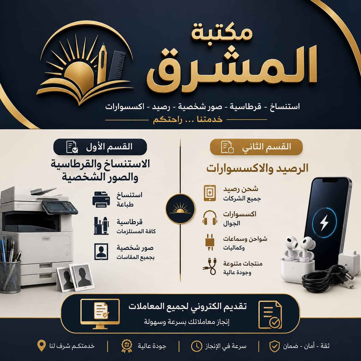 لا توجد تفاصيل

نص مكتوب في الصور:
- مكتبة المشرق استنساخ - قرطاسية - صور شخصية - رصيد - اكسسوارات خدماتنا ... راحتكم استنساخ طباعة صور شخصية بجميع المقاسات قرطاسية كافة المستلزمات شحن رصيد جميع الشركات اكسسوارات وكماليات شواحن وسماعات وجودة عالية منتجات متنوعة تقديم الكتروني لكل المعاملات ثقة - أمان - ضمان سرعة في الإنجاز جودة عالية خدمتكم شرف لنا
- مكتبة المشرق استنساخ - قرطاسية - صور شخصية - رصيد - اكسسوارات خدمتنا ... راحتكم القسم الأول الاستنساخ والقرطاسية والصور الشخصية استنساخ طباعة قرطاسية كافة المستلزمات صور شخصية بجميع المقاسات القسم الثاني الرصيد والاكسسوارات شحن رصيد جميع الشركات اكسسوارات الجوال شواحن وسماعات وكماليات منتجات متنوعة وجودة عالية تقديم الكتروني لجميع المعاملات إنجاز معاملاتك بسرعة وسهولة ثقة - أمان - ضمان سرعة في الإنجاز جودة عالية خدمتكم شرف لنا