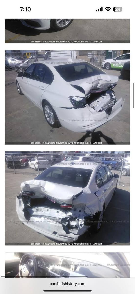BMW 320 i 2017 
مكينة 2000 توين توربو 
رقم اربيل جديد 
ضررها قطعه وحدة صندوق خلفي مبدل بلادي في امريكا 
م
كير ومكينة بالشرط وسيارة نظيفة متحتاج اي صرفيات 
مواصفات قياسية ستندر 
كشنات جلد ، فتحة سقف ، بصمة ،شاشة كبيرة ، تحكم تلقائي في درجات الحرارة ، مراقبه النقطه العمياء ،
سعر السيارة155 ورقة  وبيها مجال 
مكان السيارة كركوك 
رقم الموبايل ***********

نص مكتوب في الصور:
- 7:10 24 000-21860412 - 02/21/2018 INSURANCE AUTO AUCTIONS, INC. - IAAI.COM 000-21860412 - 02/21/2018 INSURANCE AUTO AUCTIONS, INC. - IAAI.COM 000-21860412 - 02/21/2018 INSURANCE AUTO AUCTIONS, INC. - IAAI.COM carsbidshistory.com