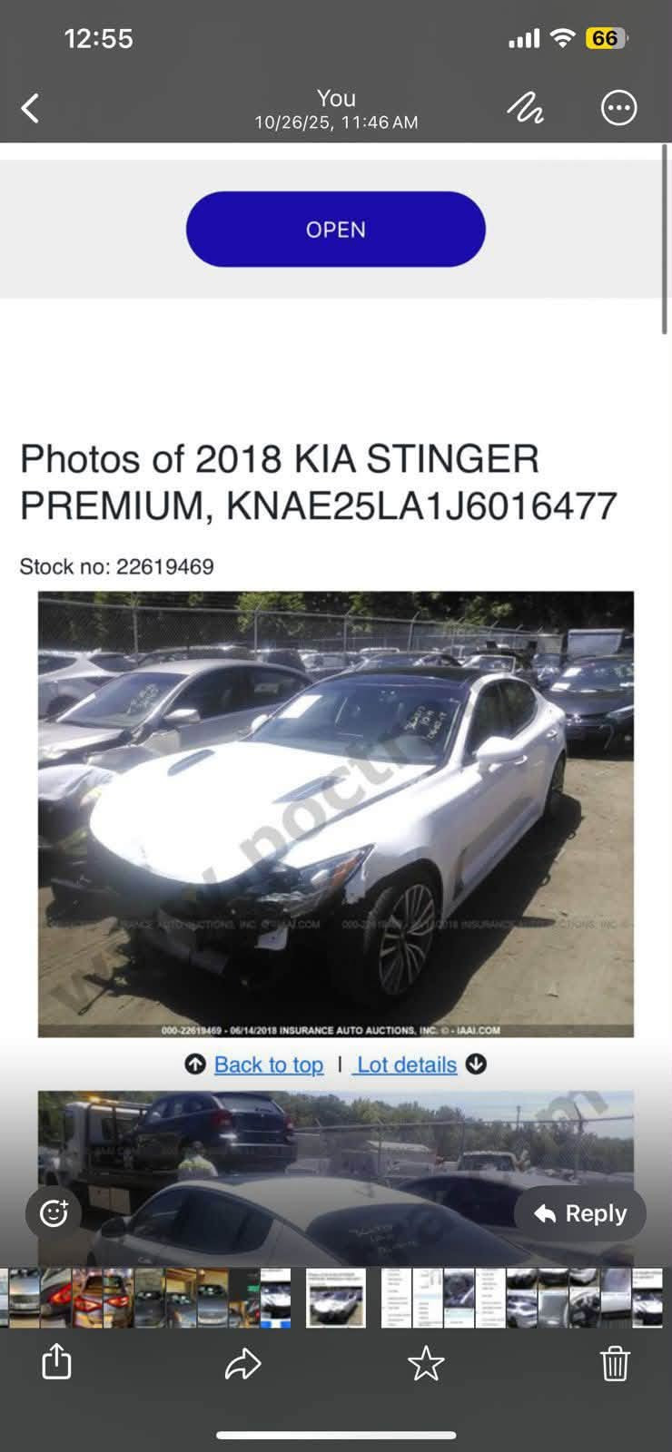 السلام عليكم
للبيع 
كيا ستنكر GT1
موديل 2018
رقم اربيل بسمي 
وارد امريكي 
حادث بنيد وجاملغ بسيط بدون شواصي وبدون لغود 
حجم المحرك 4سلندر تيربو 
فول مواصفات 
فتحت سقف بانوراما 
مري شفط 
صندوق كهرباء 
حساسات خلفي + امامي 
رادارات ب المري ورادار امامي 
كشنات جلد تدفئه
شاشه كبيره ابل كار بلي 
تحكمات ستيرن جهتين 
شفتات ستيرن 
تحديد مسار 
مثبت سرعه كروز 
سماعات هارمن كاردن 16 سماعه 
انضمه قياده سبورت + ايكو + نورمال 
السياره جديده وعليه ادامه جديده بدون اي نقص 

سعر 157$ وبيه مجال بسيط 
عنوان بغداد الاعضمية

اتصال
                                                         ***********

نص مكتوب في الصور:
- 10 54 pm Monday السی
- 12:55 You 10/26/25, 11:46 AM OPEN Photos of 2018 KIA STINGER PREMIUM, KNAE25LA1J6016477 Stock no: 22619469 Back to top Lot details Reply