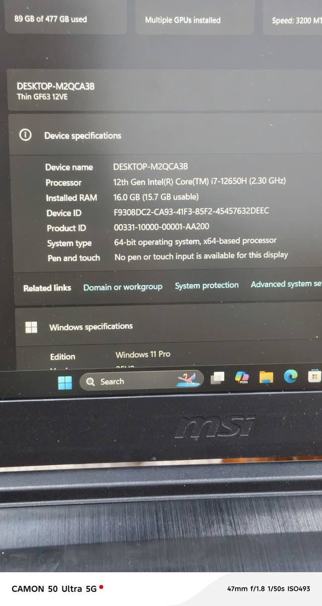 ​🔥 لابتوب ألعاب وتصميم MSI Thin GF63 (نظيف جداً- استخدام شخصي) 🔥
لابتوب قوي وخفيف الوزن يجمع بين الأداء العالي والتصميم الأنيق، مثالي للألعاب الحديثة (Gaming)، برامج الهندسة والتصميم، المونتاج، والعمل الثقيل.

​✨ المواصفات الفنية بالتفصيل:

​الموديل: MSI Thin GF63 12VE

​المعالج: Intel® Core™ i7-12650H (الجيل الثاني عشر - أداء جبار وسريع جداً)

​كرت الشاشة: NVIDIA® GeForce RTX™ 4050 بسعة 6GB GDDR6 (يدعم تقنيات DLSS 3 و Ray Tracing)

​الذاكرة العشوائية (RAM): 16 جيجابايت DDR

​وحدة التخزين: SSD NVMe فائق السرعة بسعة 512GB (الصافي المقروء 477GB)

​الشاشة: 15.6 بوصة بدقة FHD مع معدل تحديث 144Hz وسلاسة عالية في الحركة (IPS-Level) 

​الصوت: صوت نقي عالي الدقة (Hi-Res Audio Ready)

​الوزن والتصميم: تصميم أنيق من الألمنيوم المصقول، نحيف وخفيف الوزن (1.86 كغم فقط)

​💡 الحالة: نظافة ممتازة جداً (استخدام شخصي راقي).

💰 السعر المطلوب: 1,250,000 دينار عراقي (مجال قليل).

​📞 للتواصل والاستفسار على الرقم ***********
