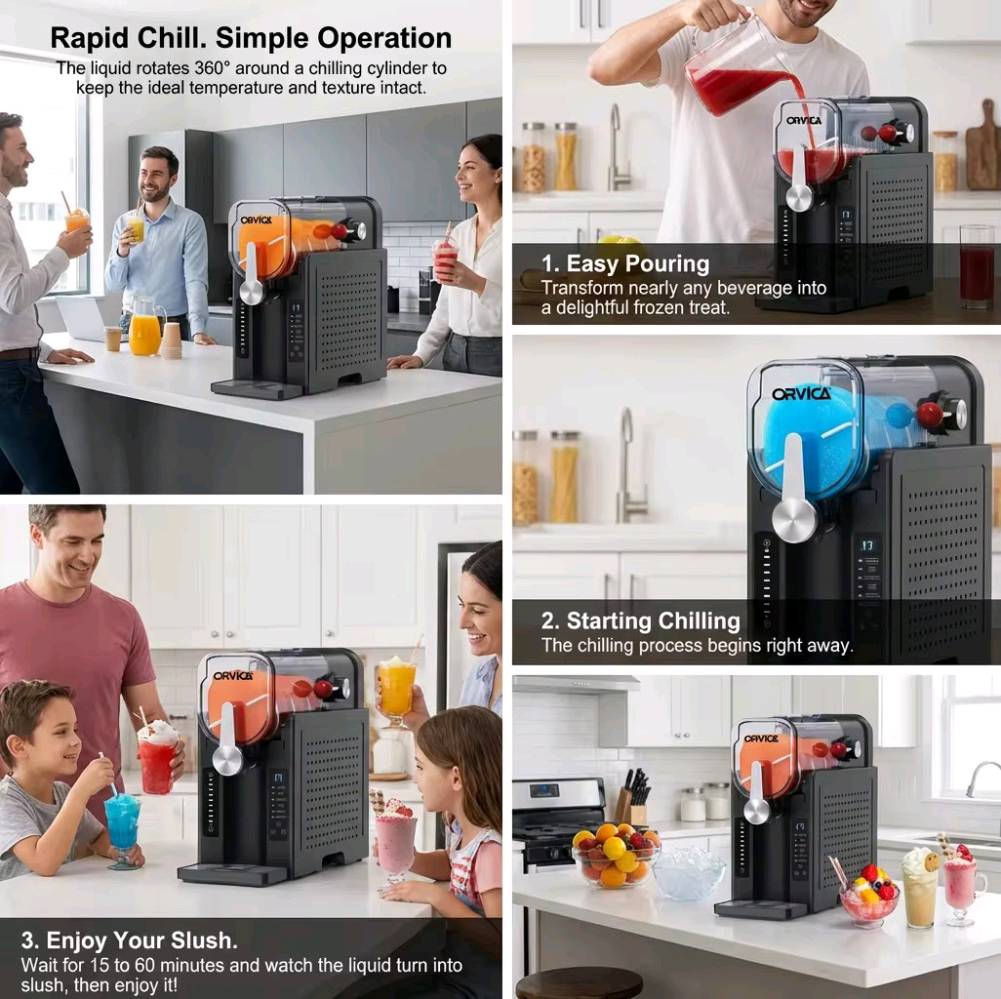 هذه هي علبة ماكينة السلاش والآيس كريم الأوتوماتيكية من ماركة أورفيكا (ORVICA Slushie Machine) موديل ORM-2408B.المواصفات والميزات الرئيسية:الاستخدام (6 في 1): ماكينة متعددة الوظائف مبرمجة مسبقاً بـ 6 إعدادات ذكية لتحضير (الآيس كريم، السلاش، السلاش الغازي، الفرابيه، الميلك شيك، ومبرد العصائر).السعة: خزان يتسع لـ 1.5 إلى 1.6 لتر.الطاقة: مكتوب على العلبة قوة محرك قصوى تصل إلى 2000 واط (مع استهلاك طاقة فعلي للتبريد والتشغيل يبلغ حوالي 150 واط).تقنية التبريد: تعتمد على نظام تبريد داخلي مدمج بـ (كمبريسور) عالي الكفاءة يغنيك تماماً عن الحاجة لإضافة الثلج.الحفاظ على البرودة: مزودة بخاصية الحفاظ على قوام المشروبات مثلجة لمدة تصل إلى 12 ساعة متواصلة.التحكم: شاشة لمس أمامية رقمية (LED) لعرض واختيار الأنماط والتحكم بدرجة الحرارة                                                                                                                    القياسات :-  ارتفاع 38. الطول 36.  العرض 16.