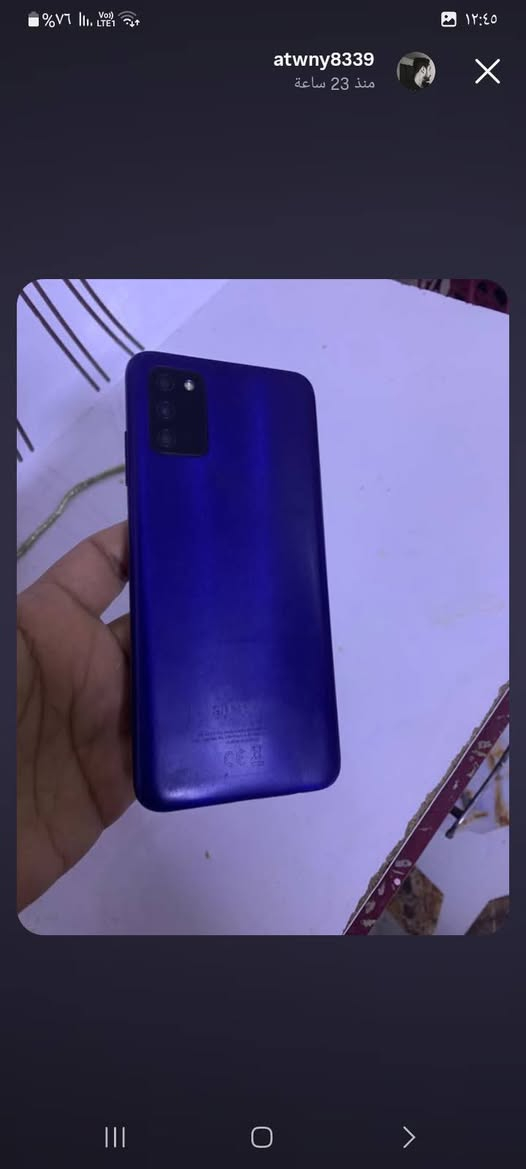 سامسونج كلكسي Galaxy A03s جهاز الشاشه مالته بيها كسر وبيهه خطوط صايره وذاكرته 64 الباق كله شغال استخدامه لمس يشتغل تصفح صوت سيم كرت اتصال نت كله شغال فقط شاشه كسر وبيهه خطوط سعره 45 وبي مجال بسيط مكاني بغداد مدينه الصدر ماعندي توصيل شراي ***********

نص مكتوب في الصور:
- atwny8339
- منذ 23 ساعة
- حول الهاتف
- Galaxy A03s
- تعديل
- رقم الهاتف
- غير معروف
- اسم الصنع
- رقم الطراز
- SM-A037F/DS
- الرقم التسلسلي
- R9ZRC00GE2P
- IMEI (1)
- 354586857899140
- IMEI (2)
- 358630787899147
- معلومات الحالة
- معلومات قانونية
- معلومات البرنامج
- معلومات البطارية
