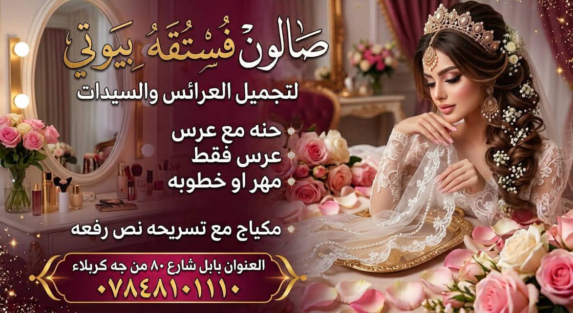 هلا بنات حبايب قلبي بالشت العروض داخل صالون فستقه بيوتي العنوان شارع 80 من جهة كربلاء للاستفسار الاتصال ع الرقم التالي ***********
