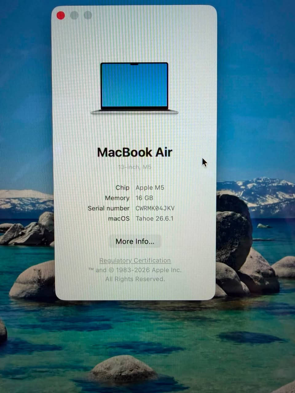 apple macbook air
M5 
ram 16G 
ssd 512G 
13,6 size 
عدد دورات 6 فقط 
عربي شرق اوسط 
لون سكاي بلو 
كامل ملحقاته الاصليه 
السعر : 1،850،000 
بغداد - المنصور 
***********
