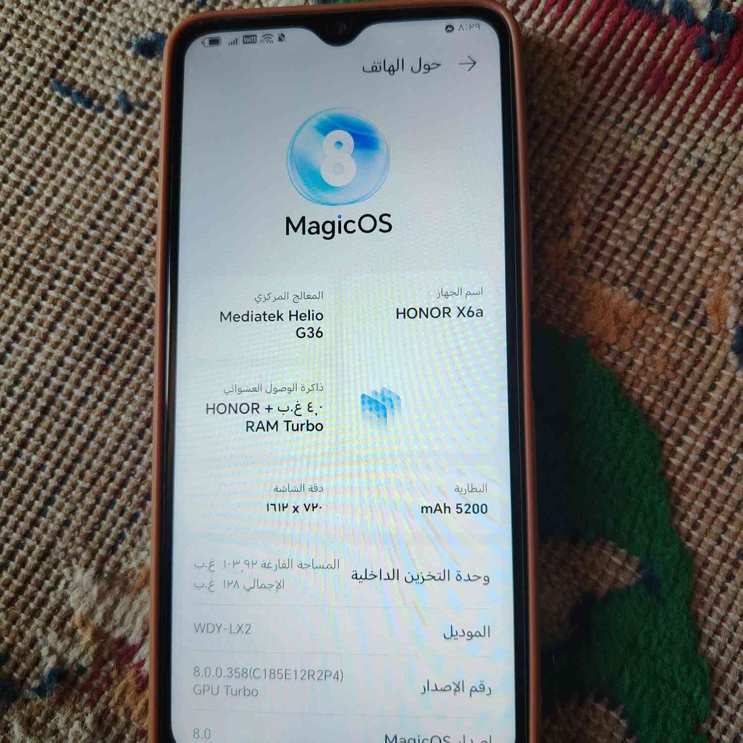 سلام عليكم جهاز للبيع ذاكره 128 فقط مبدله شاشه سعر الجهاز 130 بيه مجال ***********

نص مكتوب في الصور:
- حول الهاتف MagicOS اسم الجهاز HONOR X6a المعالج المركزي Mediatek Helio G36 ذاكرة الوصول العشوائي ٤,٠ غ.ب + HONOR RAM Turbo دقة الشاشة ١٦١٢ x ٧٢٠ البطارية mAh 5200 المساحة الفارغة ١٠٣,٩٢ غ.ب الإجمالي ١٢٨ غ.ب وحدة التخزين الداخلية الموديل WDY-LX2 8.0.0.358(C185E12R2P4) GPU Turbo رقم الإصدار 8.0
- التخزين وحدة التخزين الداخلية بطاقة الذاكرة ١٠٣,٩٢ غ.ب متوفرة المُستخدَم ٢٤,٠٨ غ.ب / ١٢٨ غ.ب الصور ٢٢,٩٧ م.ب الفيديوهات ٠ ب الصوتيات ٢٠,٧٤ م.ب المستندات ٠ ب الأرشيف ٠ ب حزم التثبيت ٠ ب التطبيقات ٨,٠٩ غ.ب النظام ٨,٨١ غ.ب أخرى ٧,١٤ غ.ب تنظيف